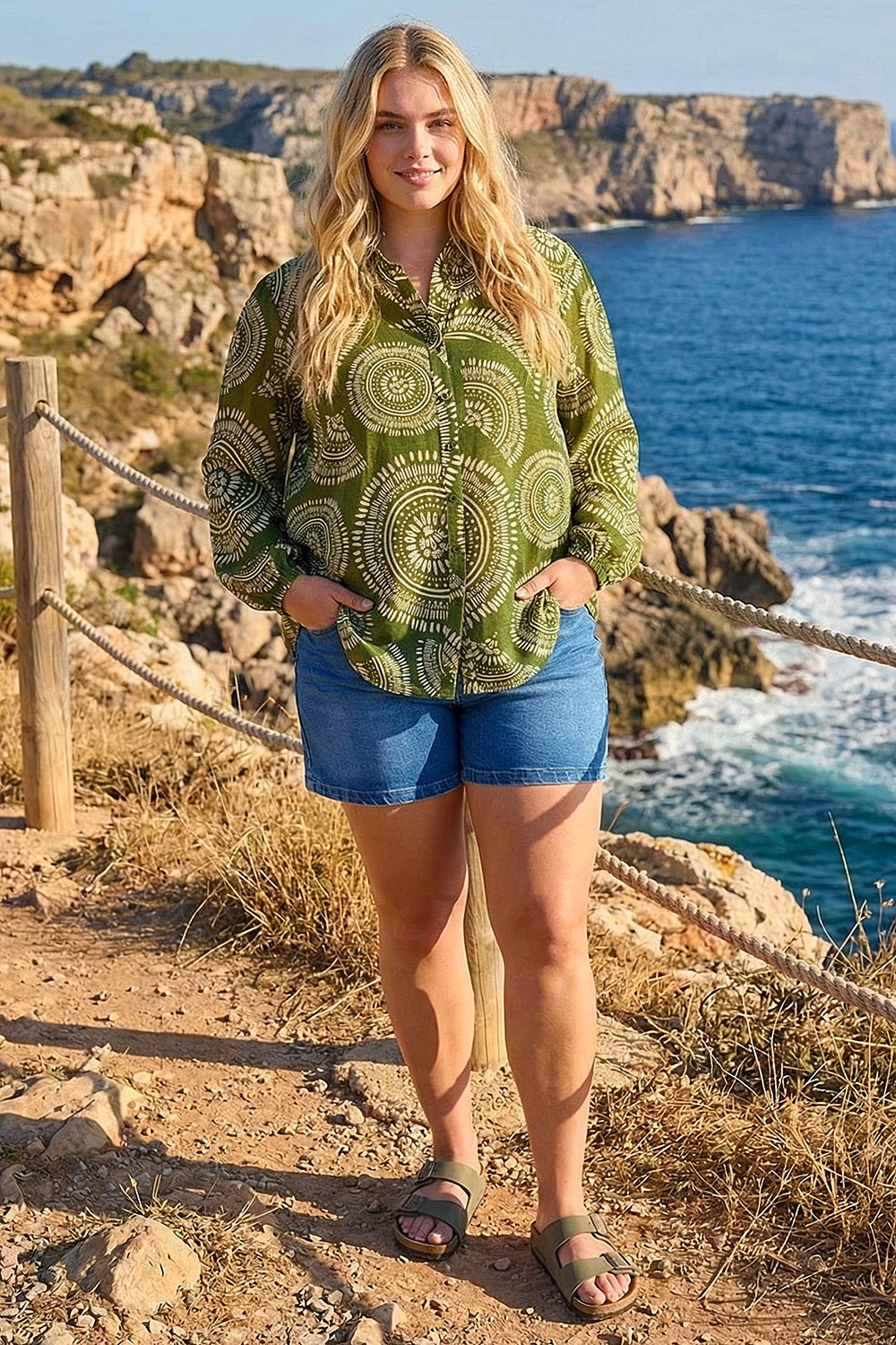 Khaki Curve Abstract Print Woven Shirt, Image 3 of 4