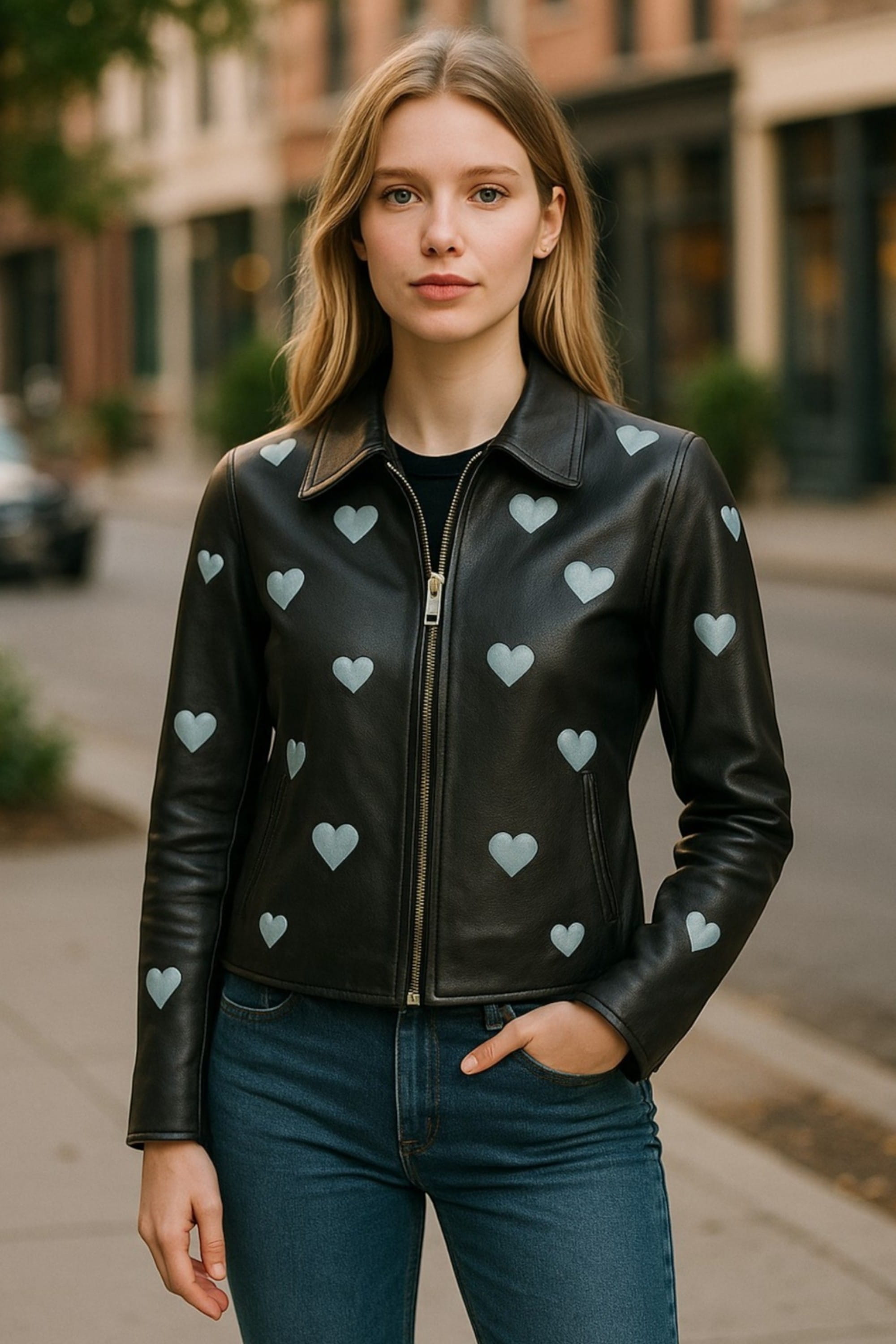 Black Leather Hearts Biker Jacket - Renmark, Image 1 of 6