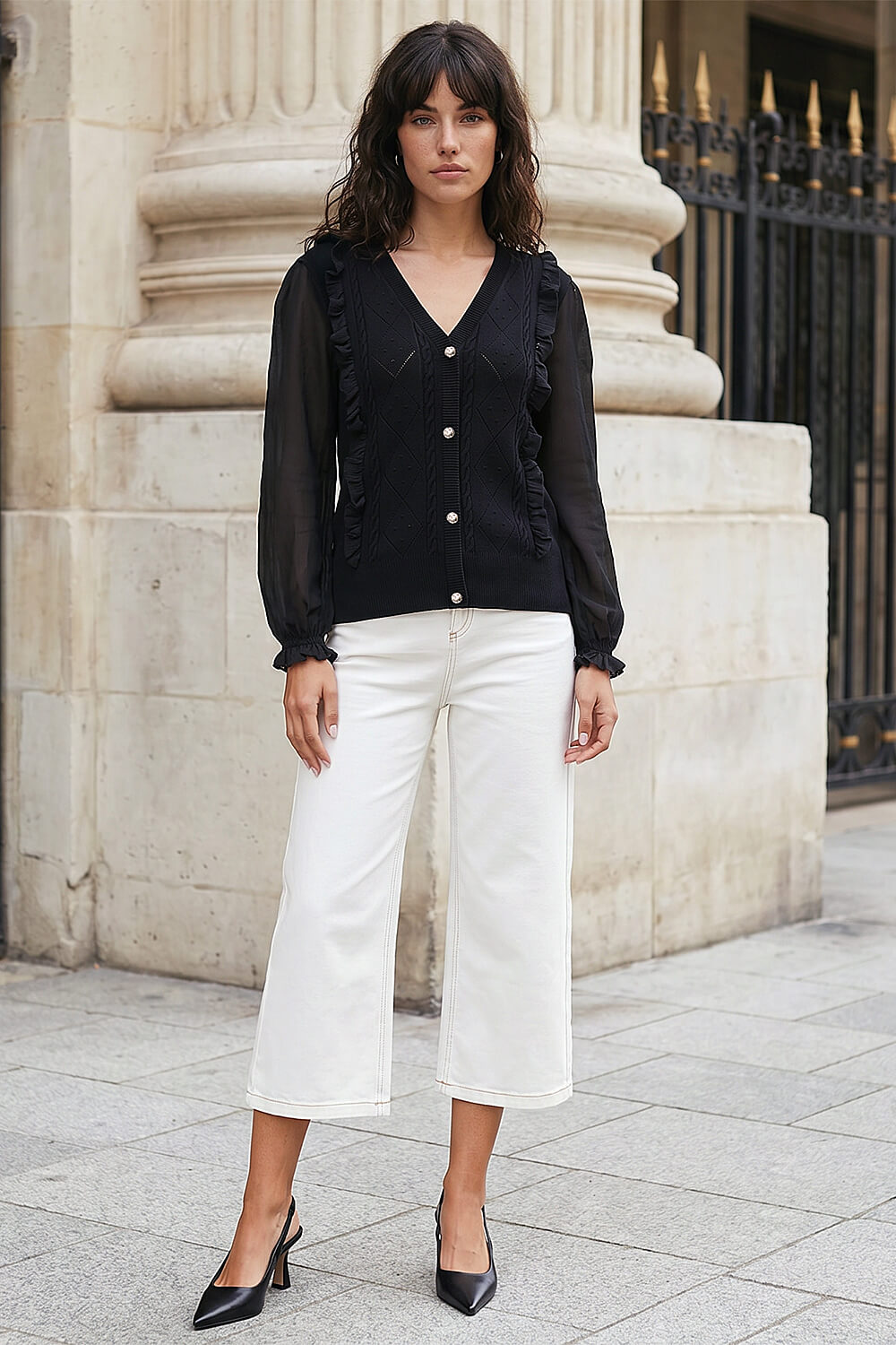 Black Woven Sleeve Buttoned Knit Jumper, Image 3 of 4