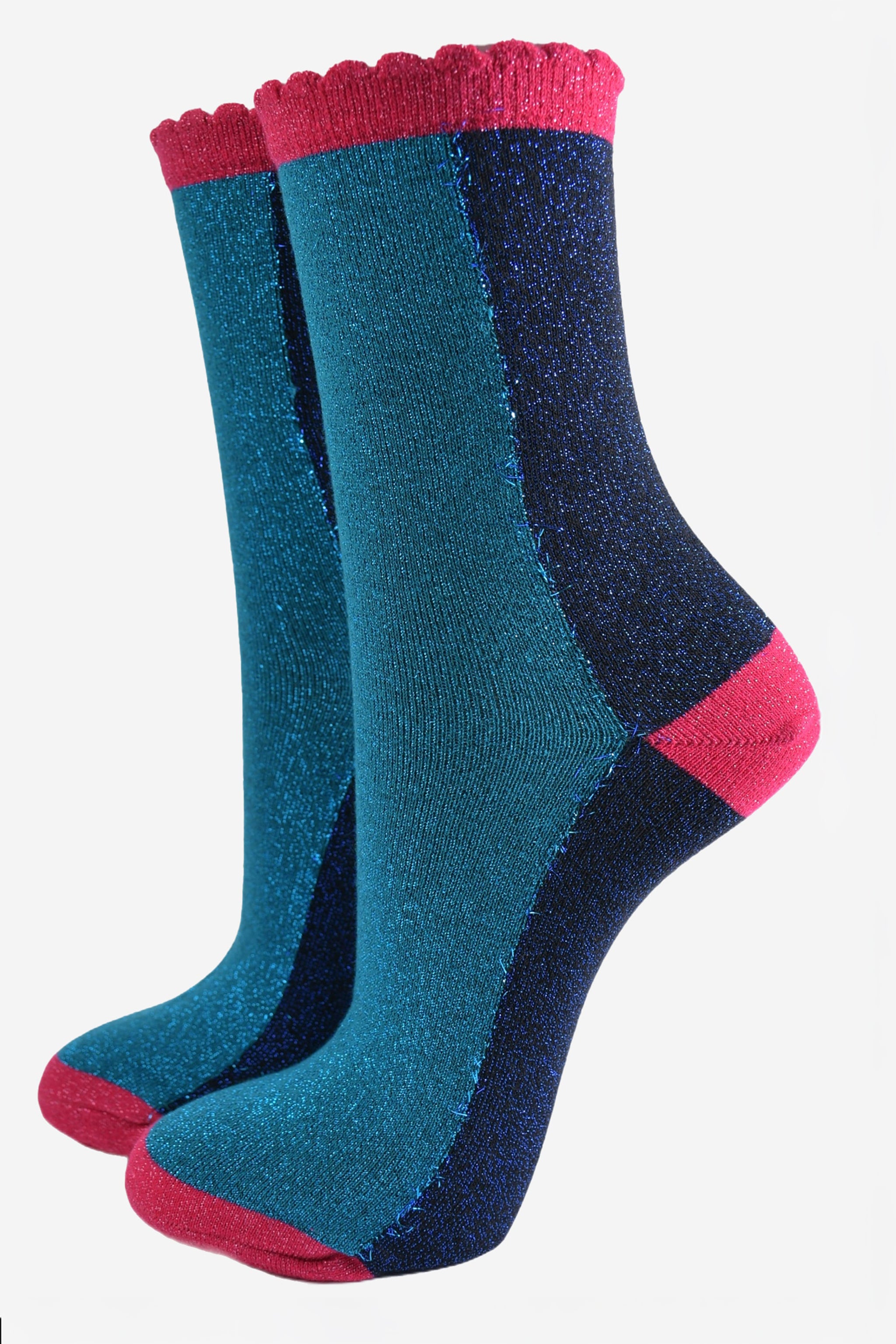 Teal Sock Talk Teal Colour Block Glitter Ankle Socks, Image 1 of 1