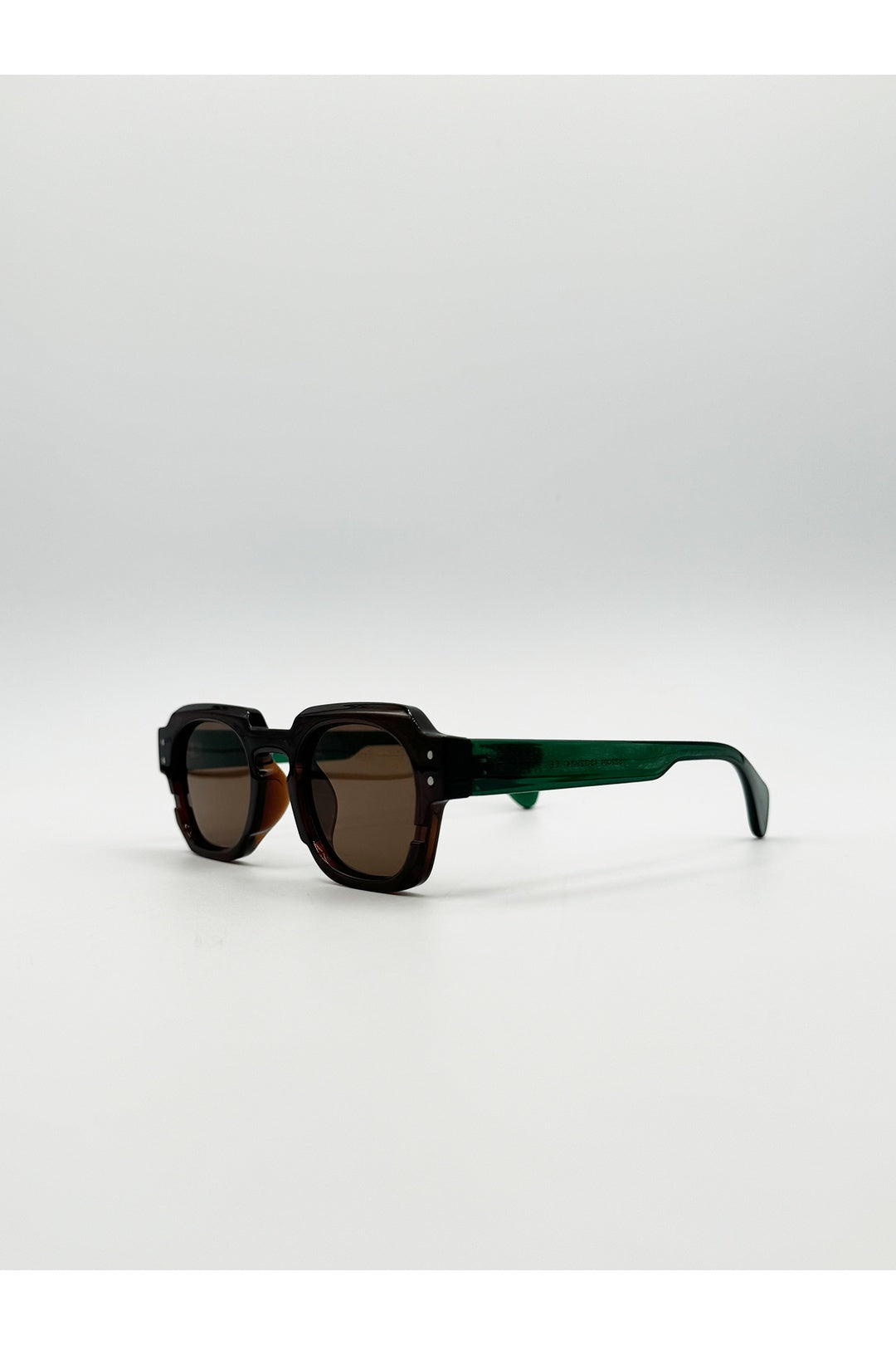 Brown Angular Wayfarer Style Sunglasses in Brown with Green Arms, Image 2 of 4