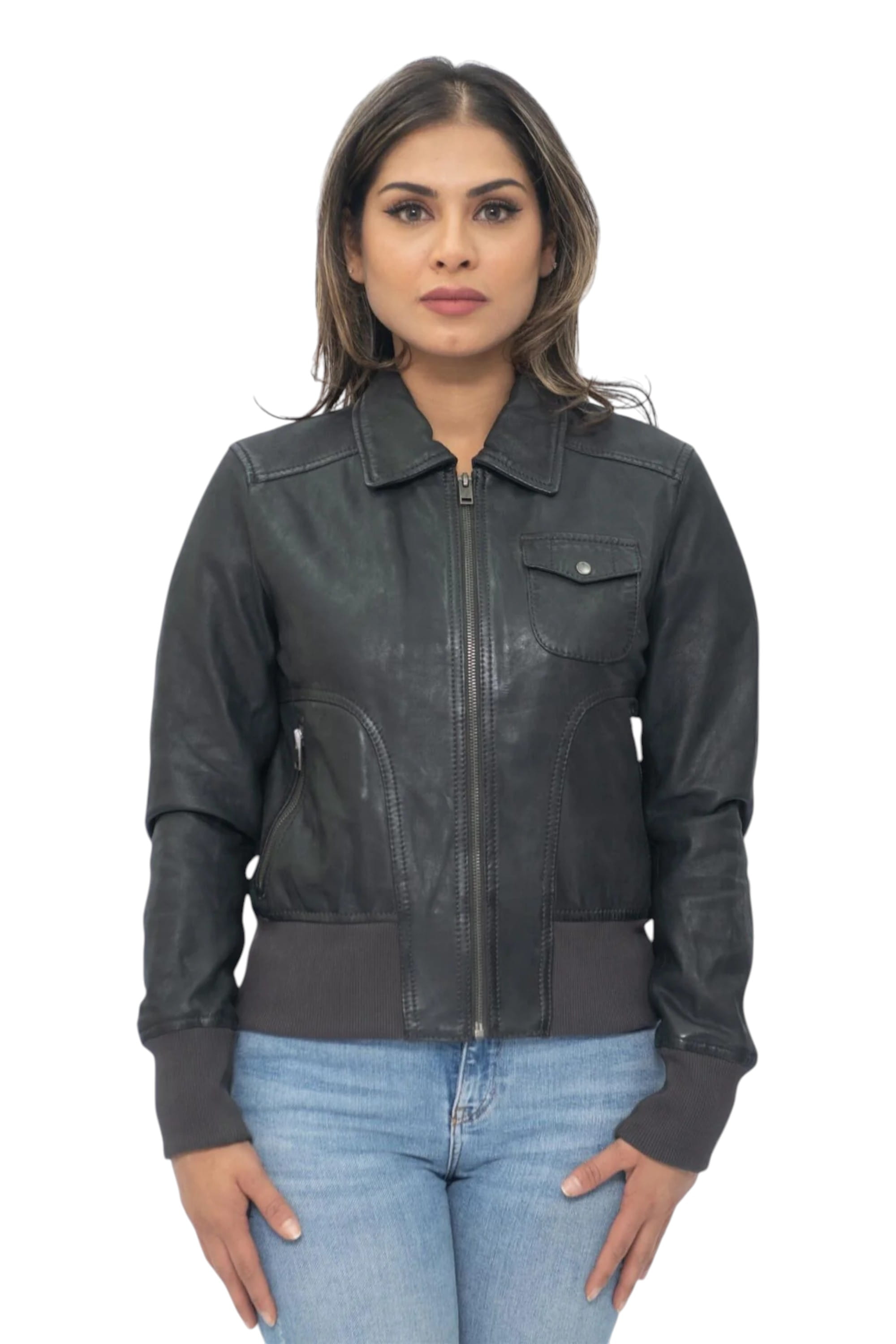 Black Womens Leather MA-1 Varsity Jacket - Ann, Image 1 of 5