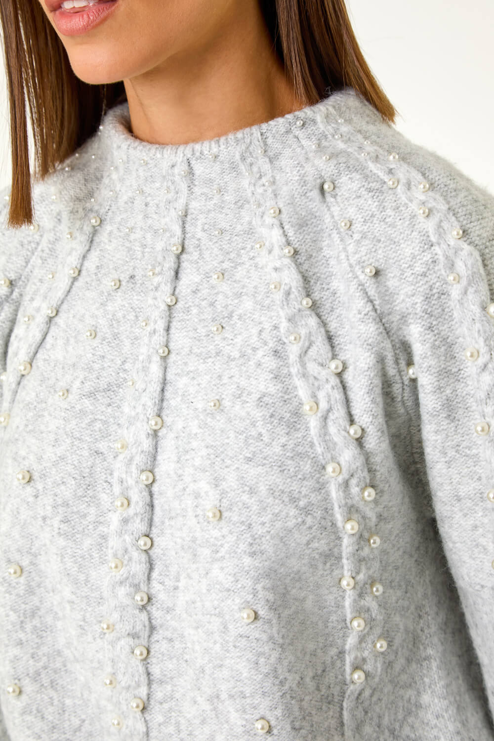 Light Grey Faux Pearl Cable Knit Jumper, Image 6 of 5