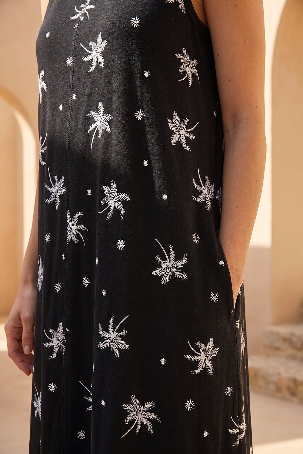 Black Cotton Palm Print Pocket Midi Dress , Image 5 of 4