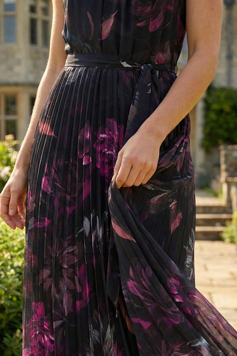 Black Floral Pleated Halter Neck Maxi Dress, Image 5 of 4