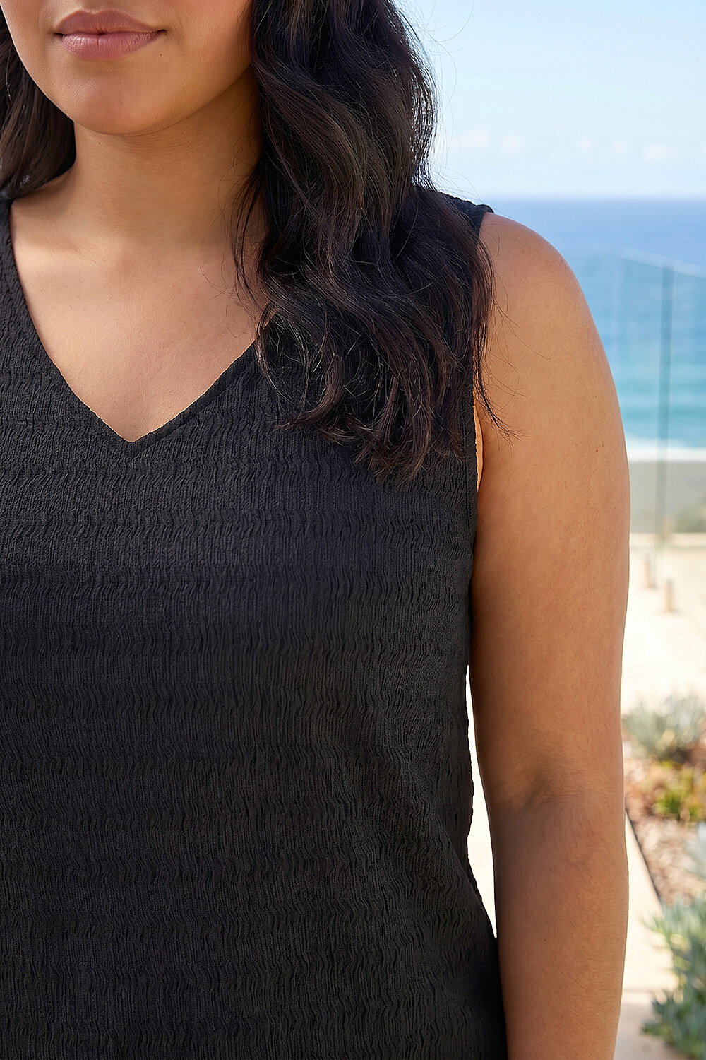 Black Curve Stripe Textured Vest Top, Image 5 of 4