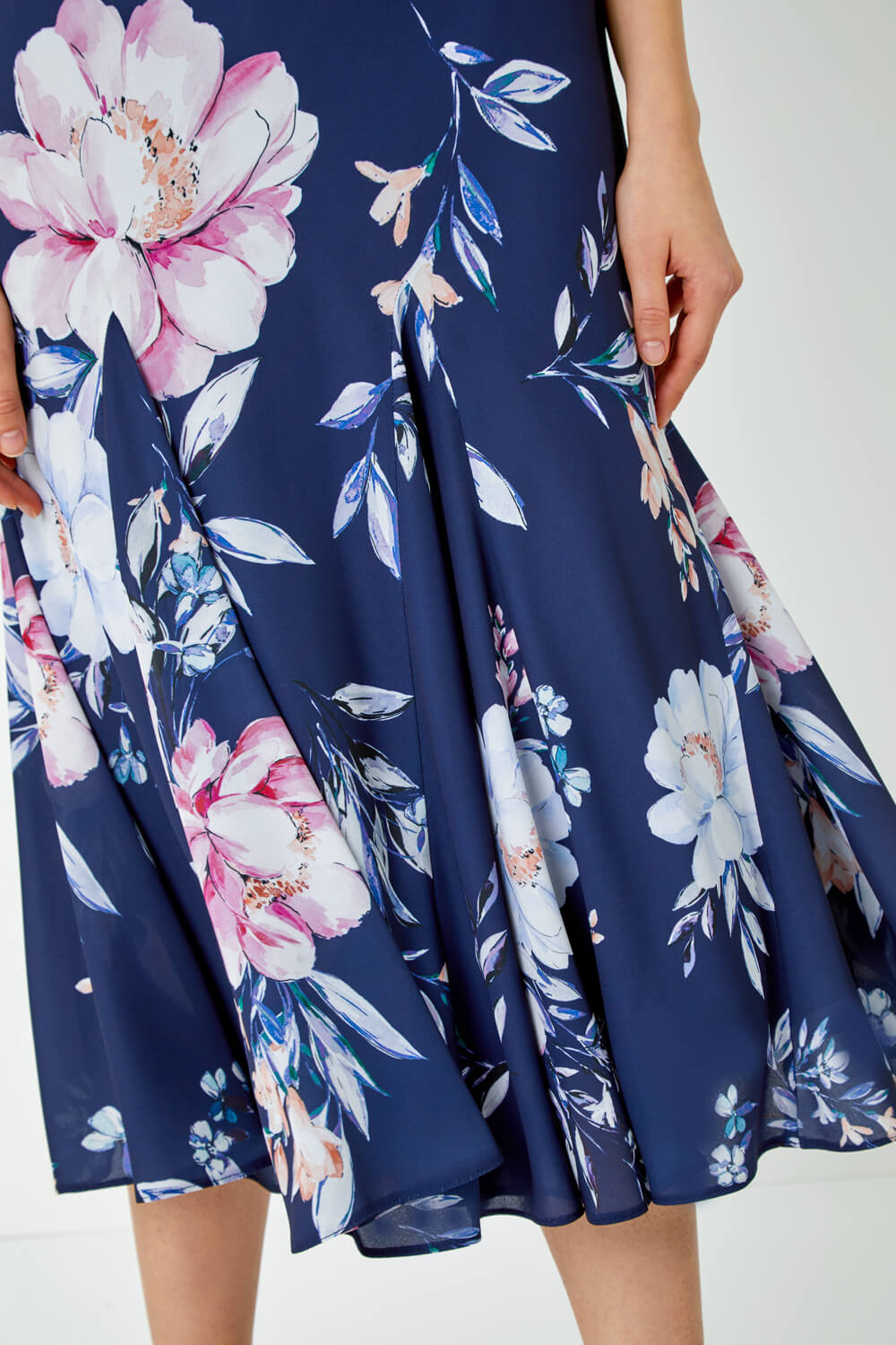 Navy Sleeveless Floral Bias Chiffon Midi Dress, Image 6 of 5