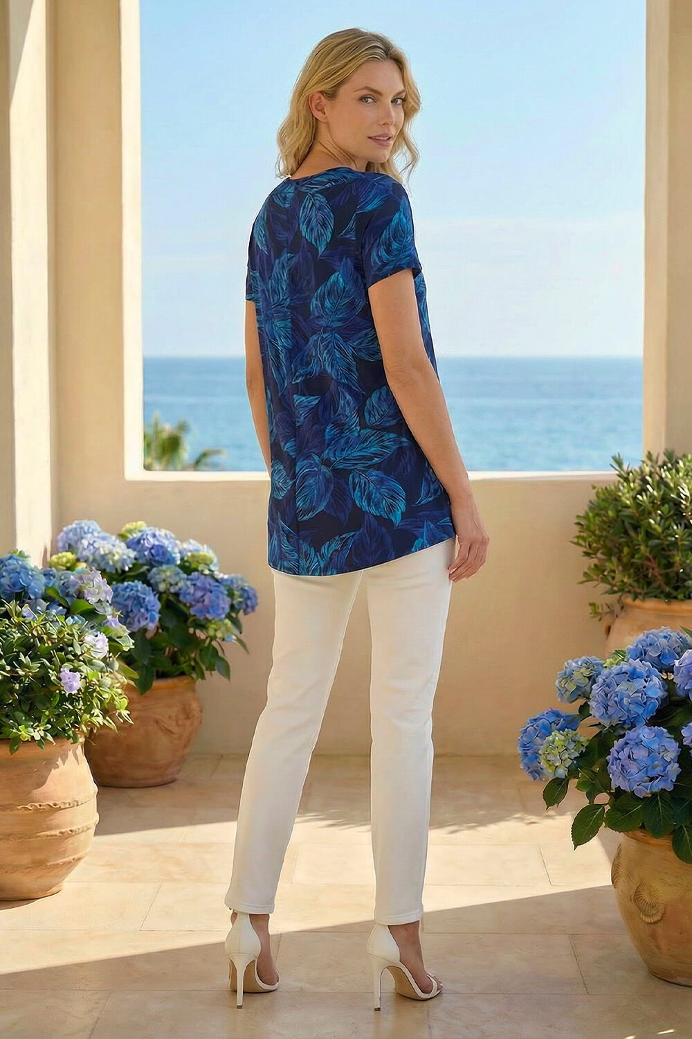 Navy Leaf Print Stretch Tunic Top, Image 4 of 4