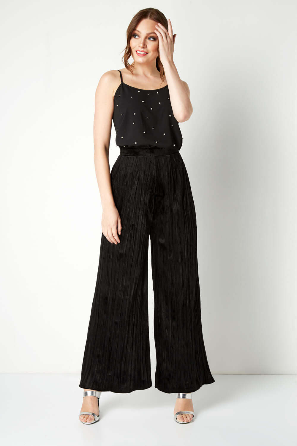 Black Crushed Velour Palazzo Trousers, Image 4 of 4