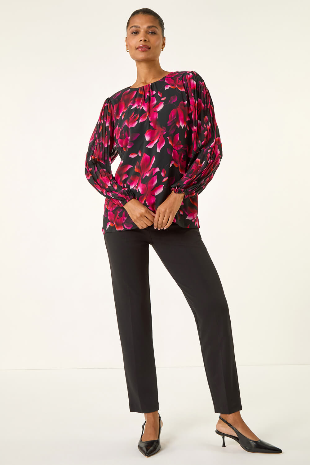 Purple Floral Print Pleated Top, Image 3 of 5