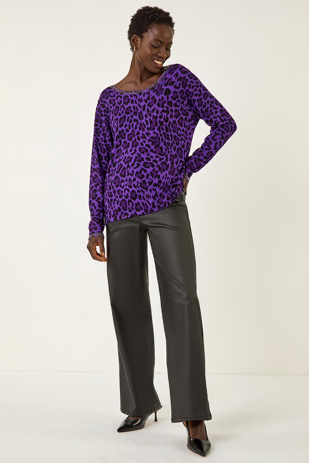 Purple Animal Print Embellished Trim Jumper, Image 3 of 5