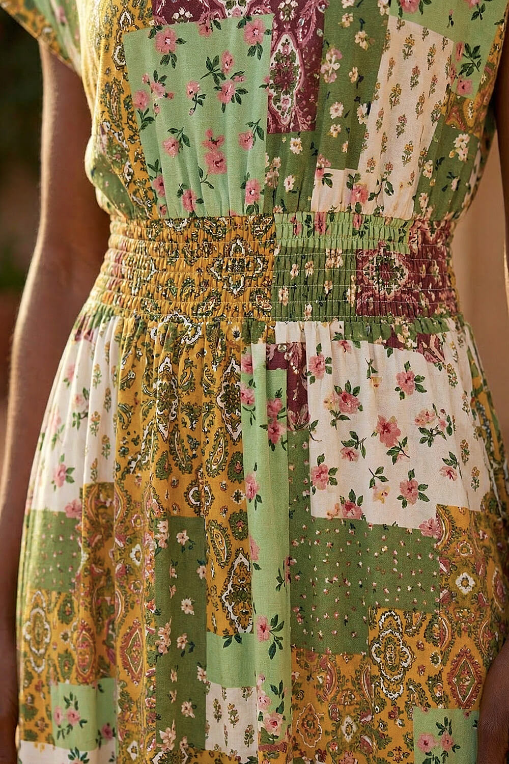 Khaki Stretch Patchwork Shirred Maxi Dress, Image 5 of 4