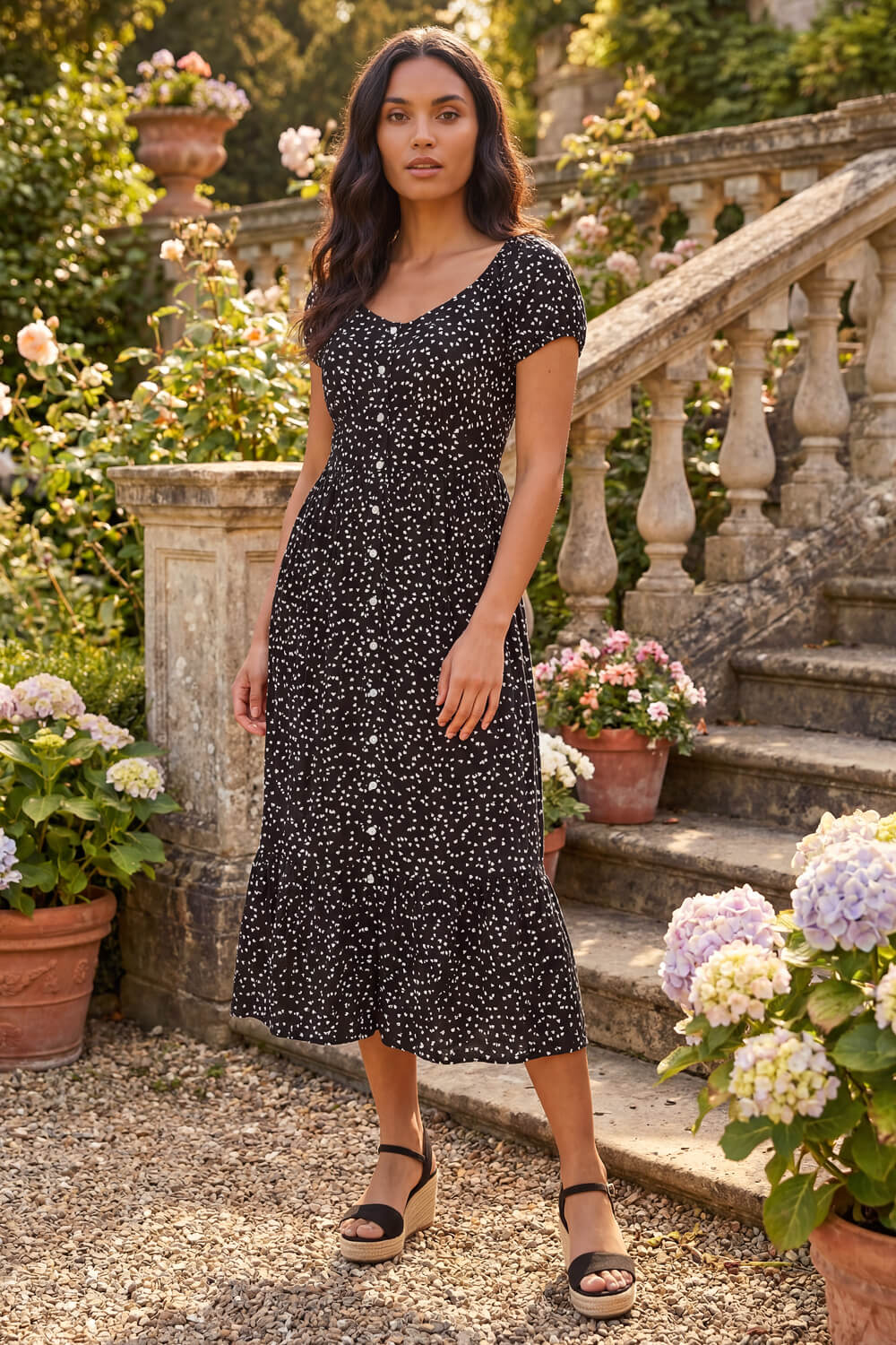 Black Spotty Heart Button Midi Dress, Image 1 of 4