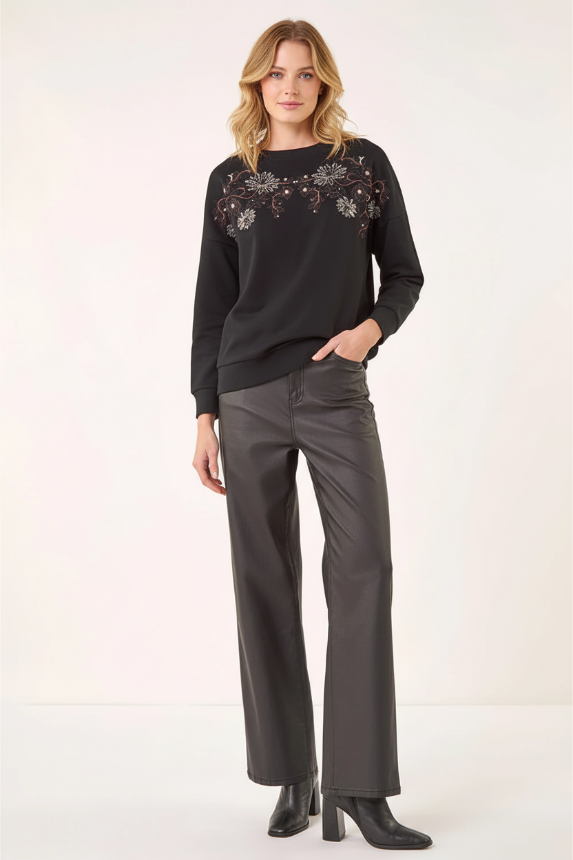Black Floral Embroidered Sweatshirt , Image 3 of 4