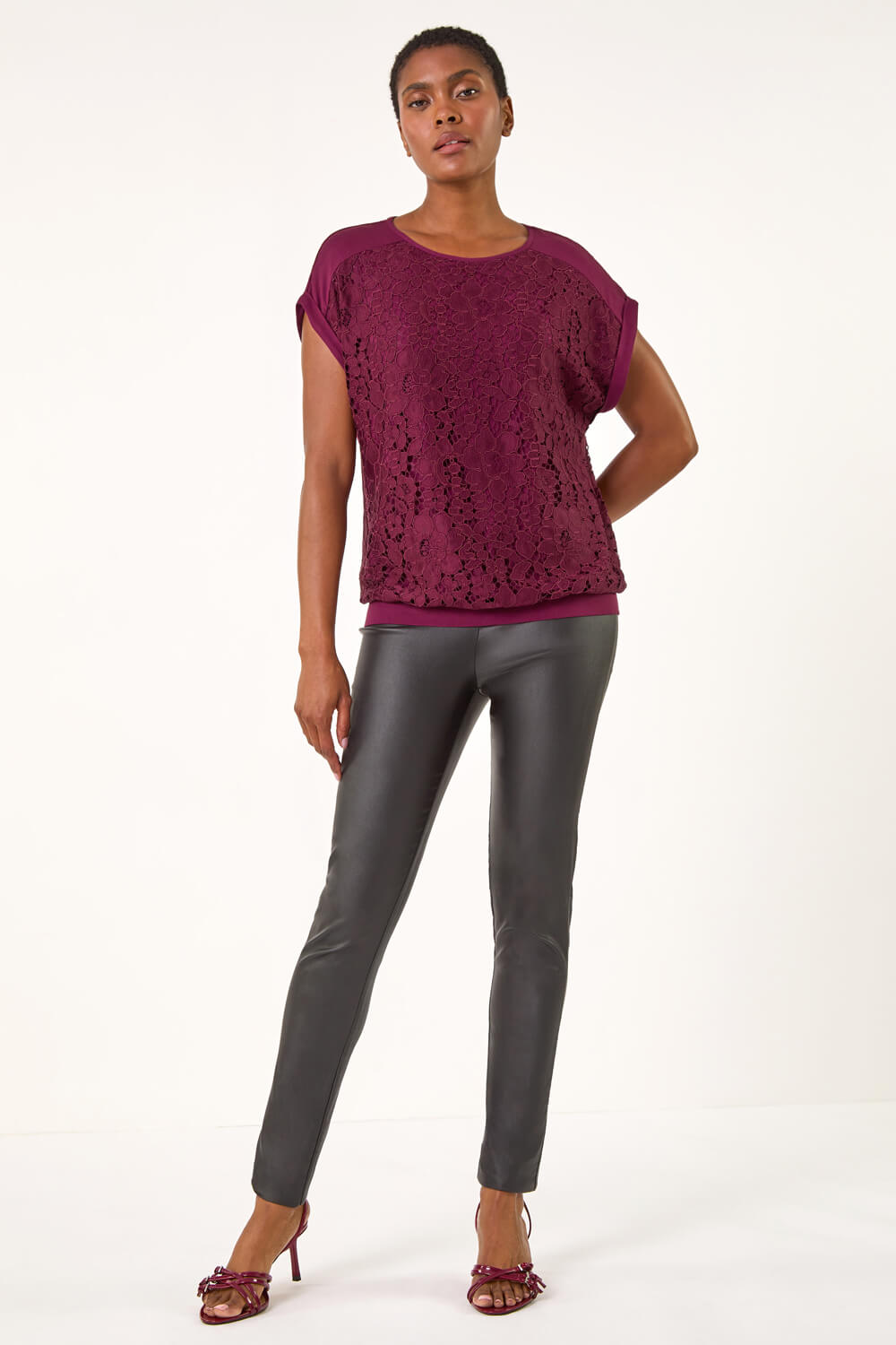 Wine Lace Front Stretch Jersey Top, Image 1 of 5