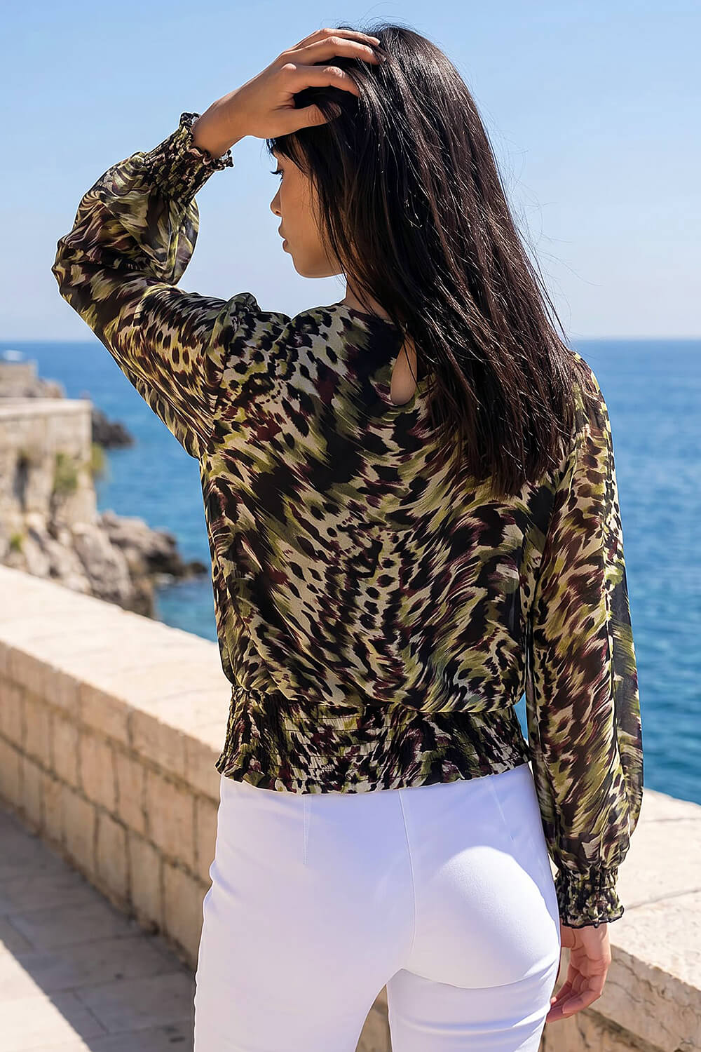 Green Petite Mesh Blouson Top, Image 4 of 4