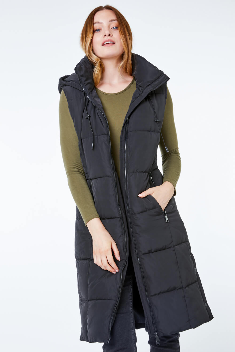Black Longline Hooded Gilet, Image 1 of 5