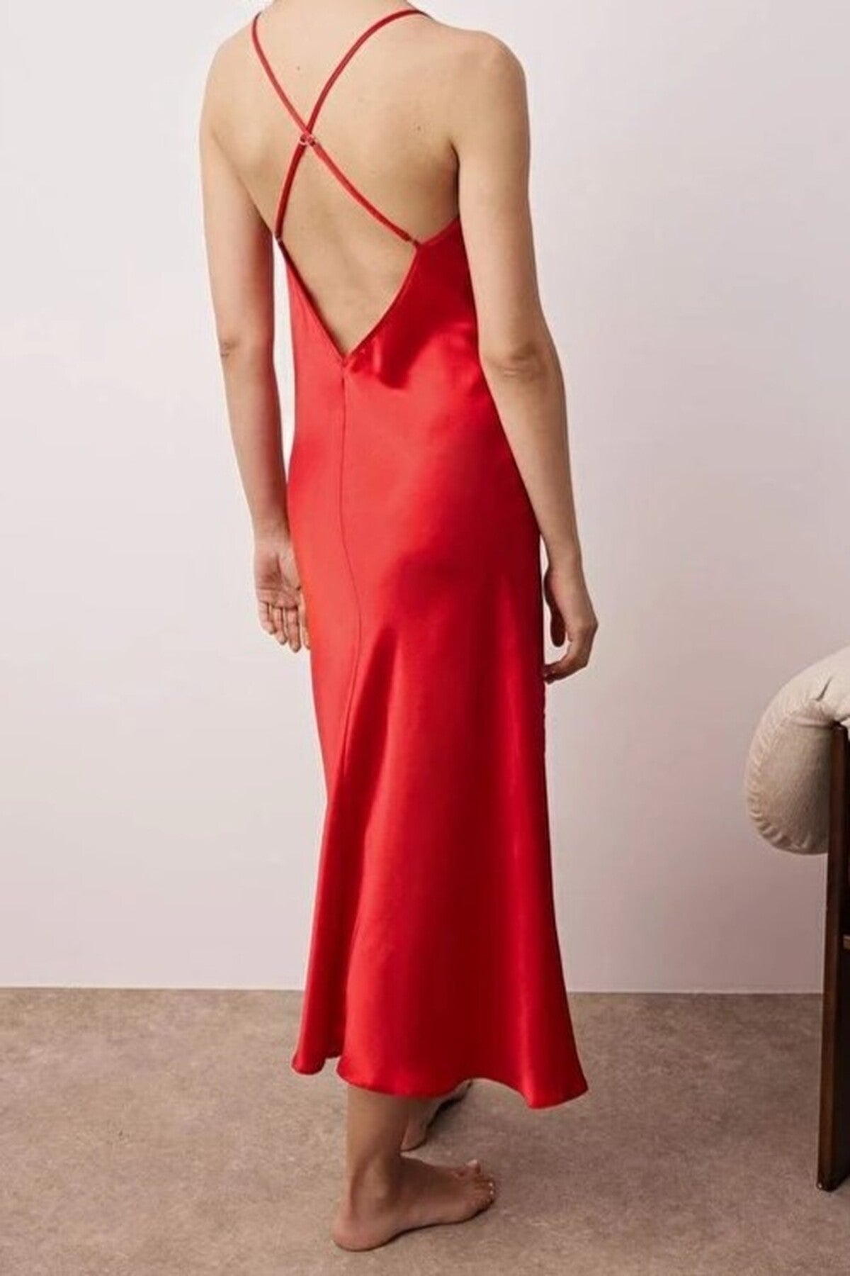 Red WOVCOR Red Button Front V-Neck Satin Strappy Maxi Nightdress, Image 3 of 3