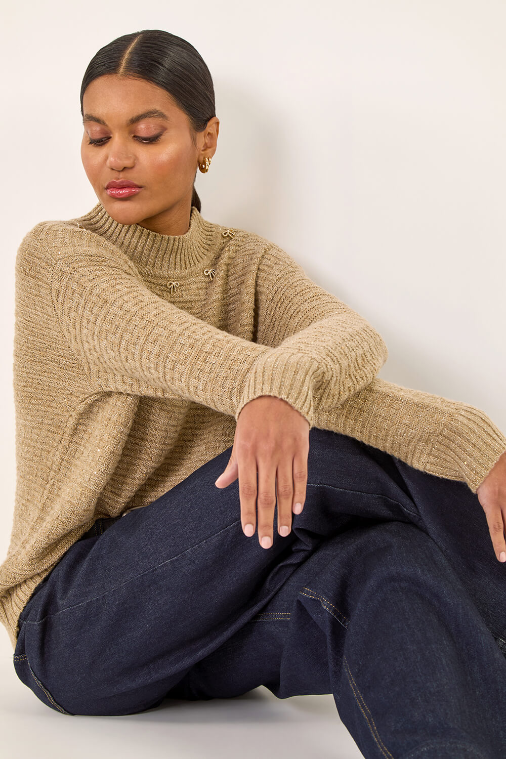 Taupe Sequin Bow Embellished Knit Jumper, Image 1 of 5