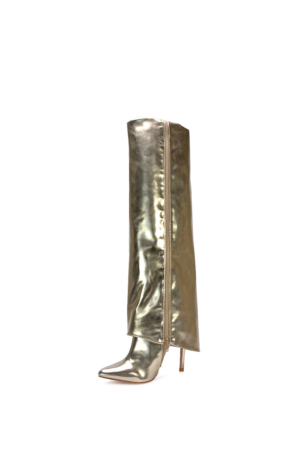 Gold XY LONDON Gold 'Shauna' Foldover Knee High Boots With Stiletto Heel, Image 3 of 6