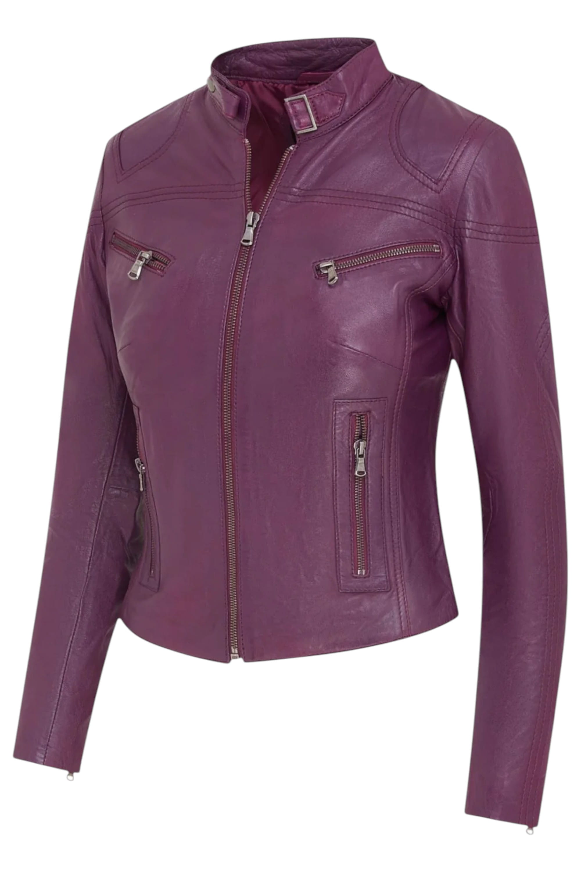 Purple Slim-Fit Leather Biker Jacket-Maldon, Image 2 of 5