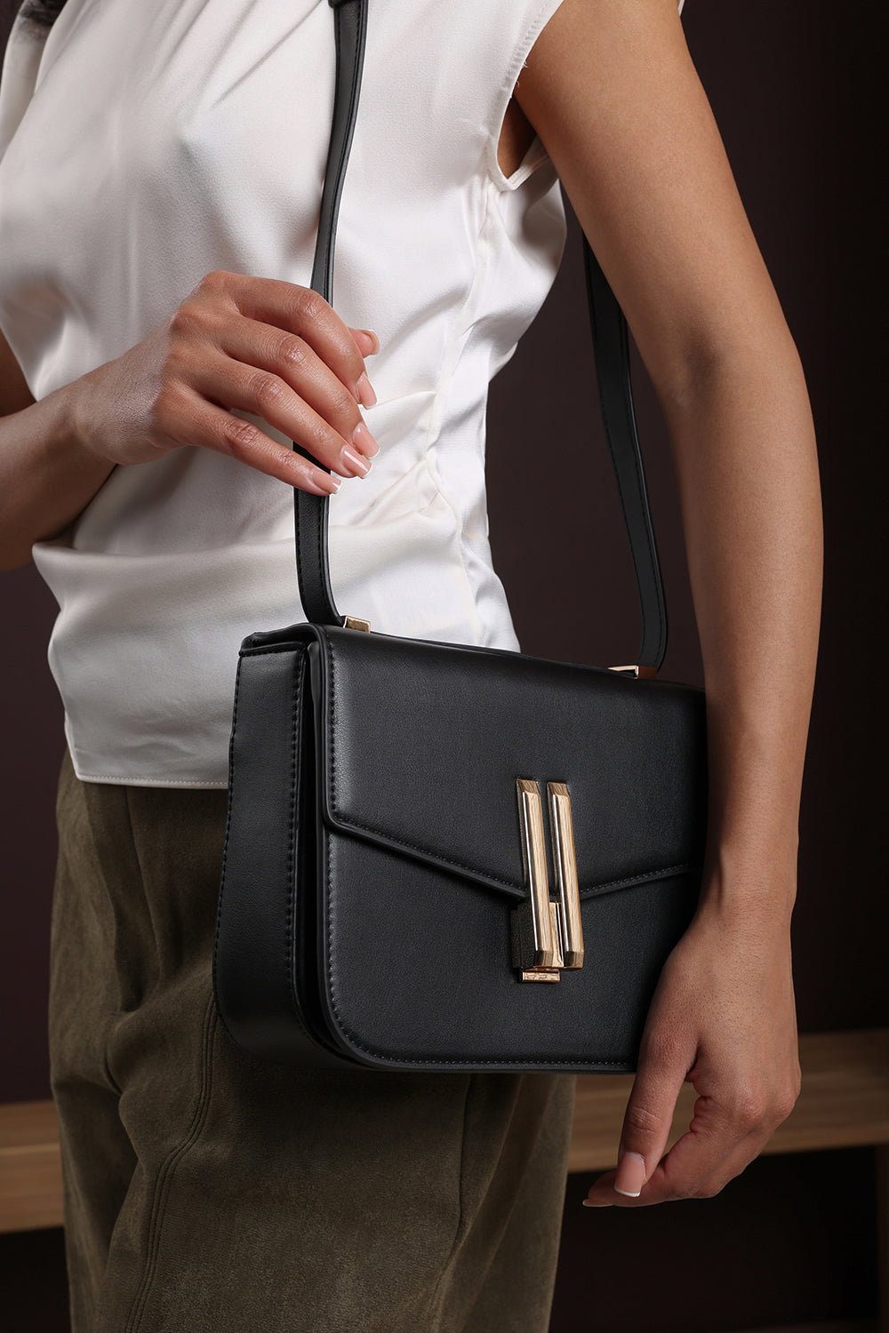 Black Delrio Gold Clasp Cross Body Tofu Bag, Image 7 of 7