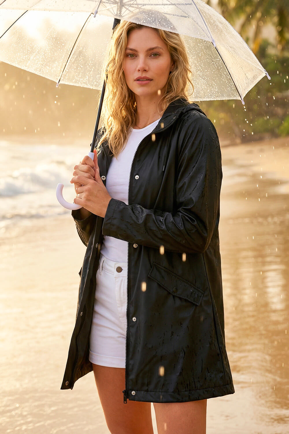 Black Rain Resistant Hooded Jacket, Image 1 of 5