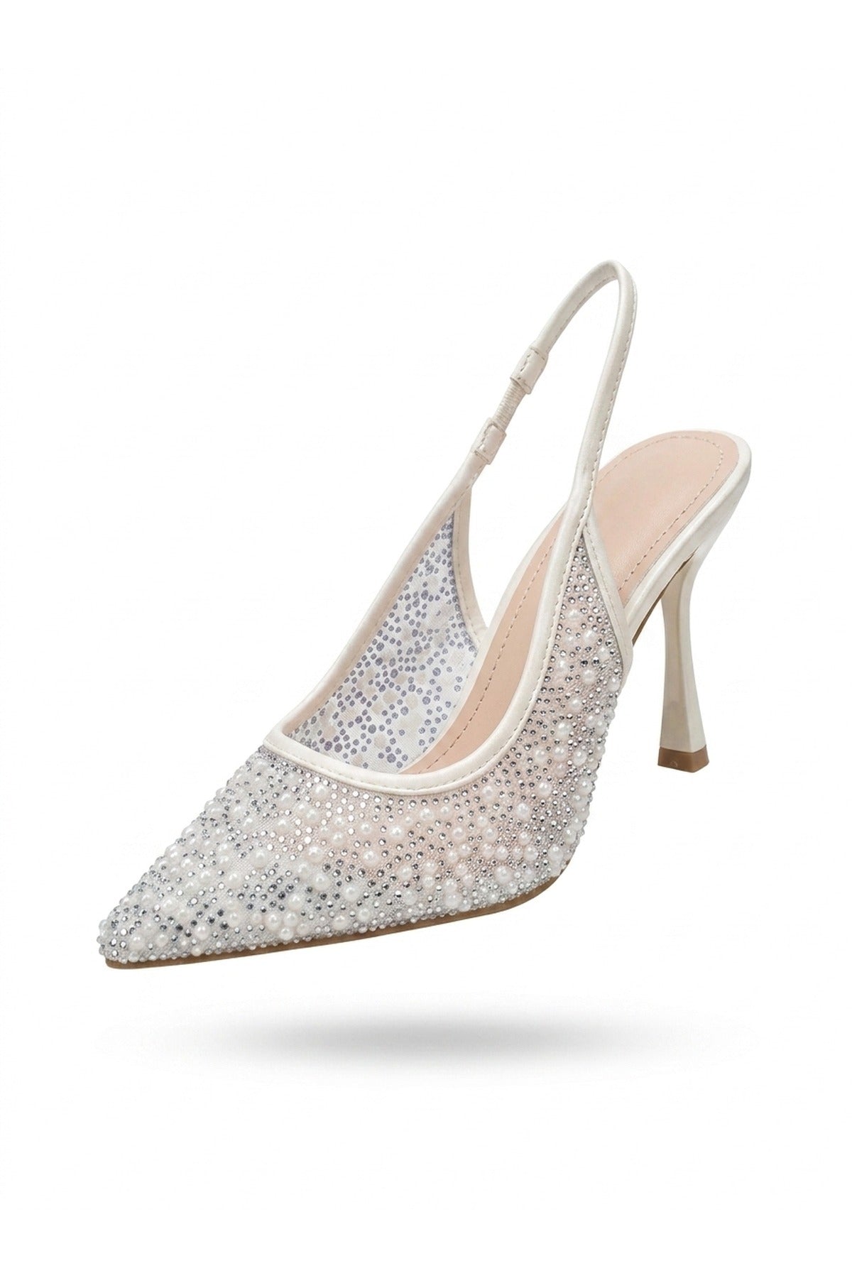 White iKrush White Cordelia Embellished Mesh Pointed Toe Heels, Image 1 of 8