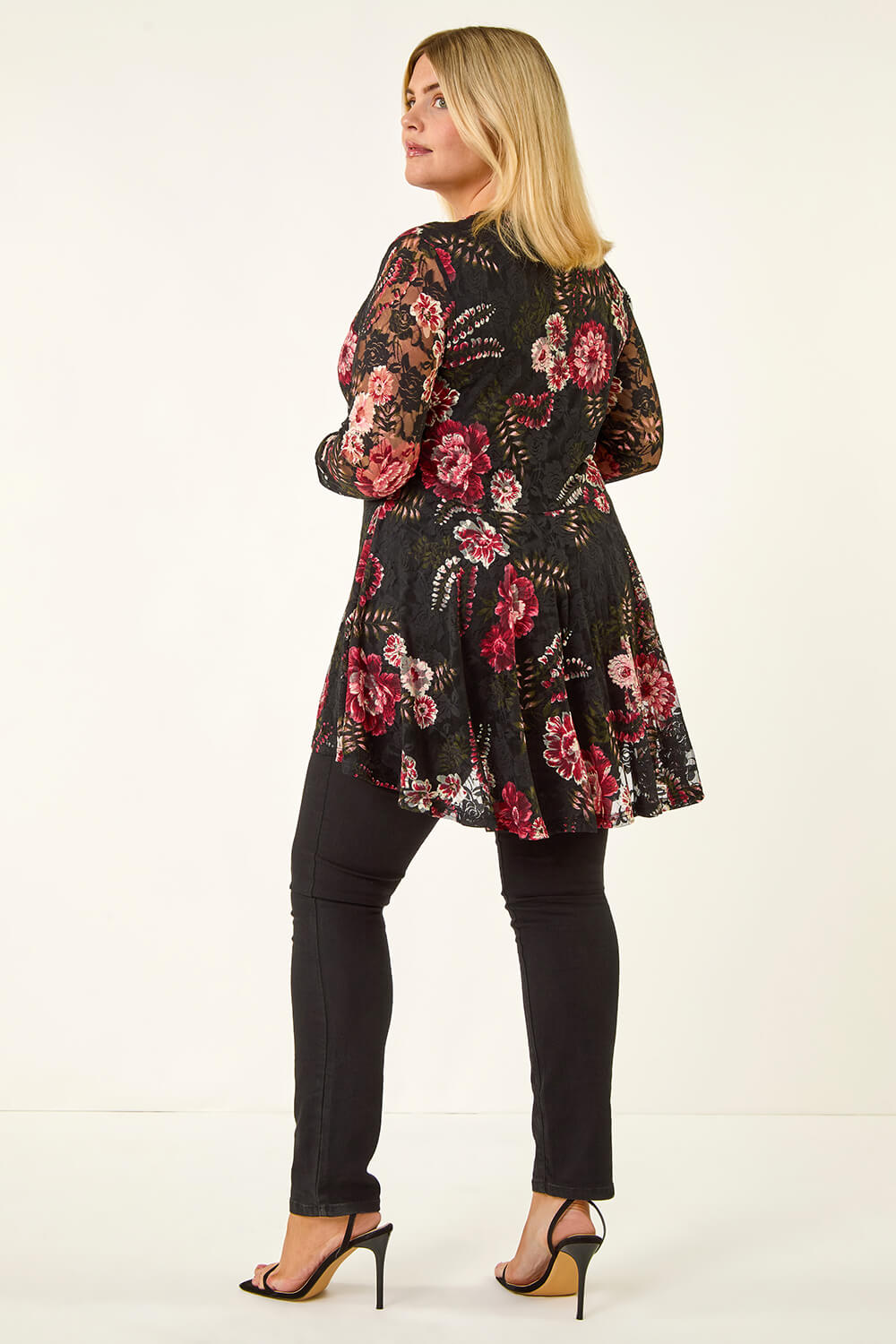 Black Curve Zip Front Floral Lace Top, Image 4 of 5
