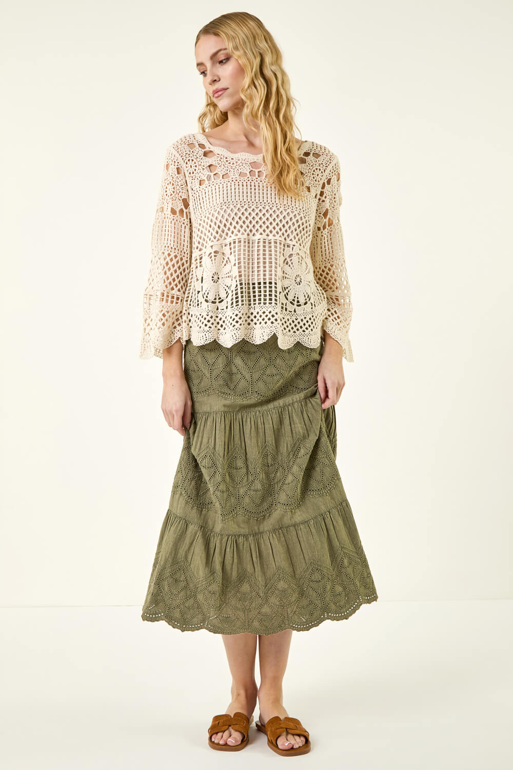 Roman Women's Natural Crochet Knit Flared Sleeve Top Size 20