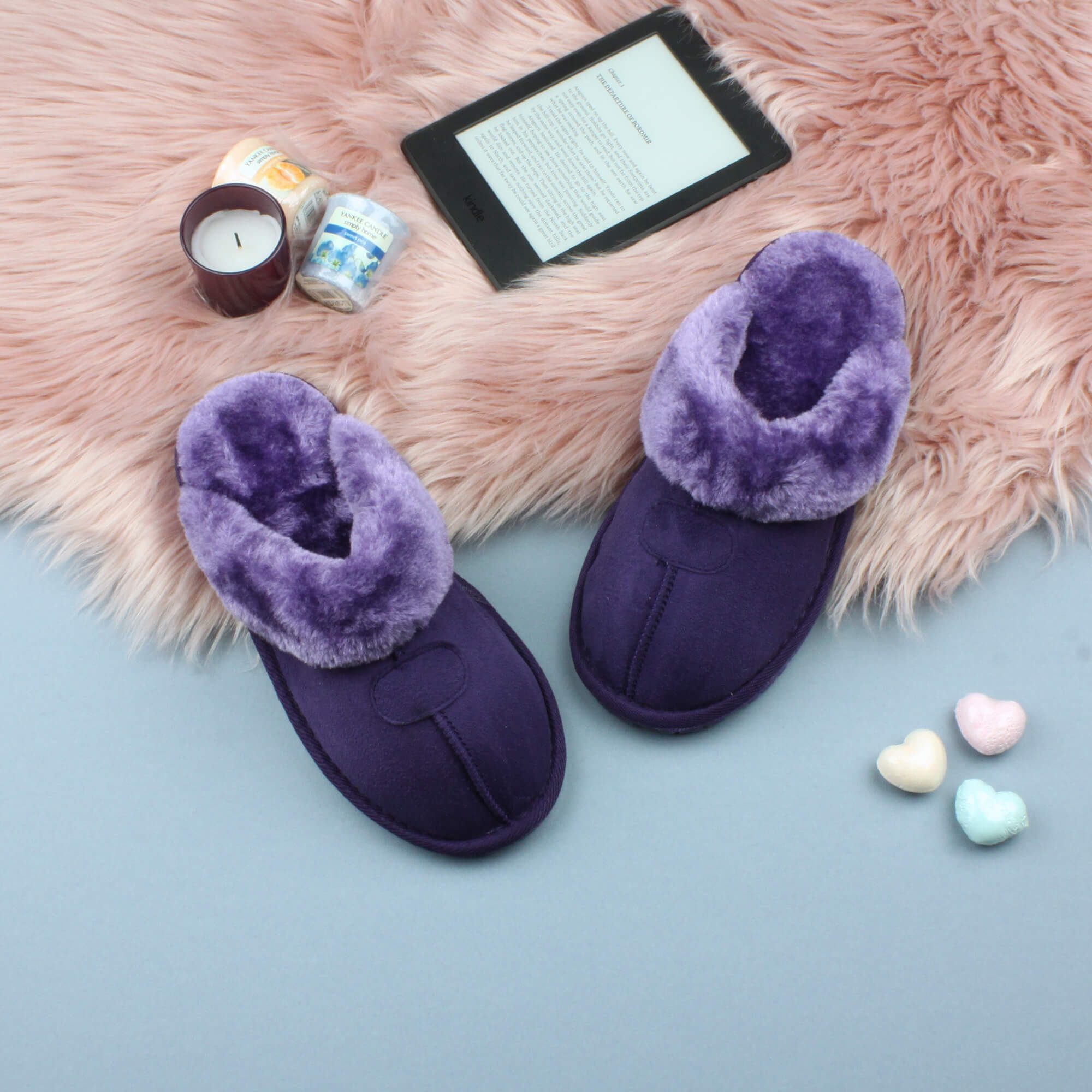 Purple Faux Fur Lined Slip On Memory Foam Mules Slippers, Image 3 of 5