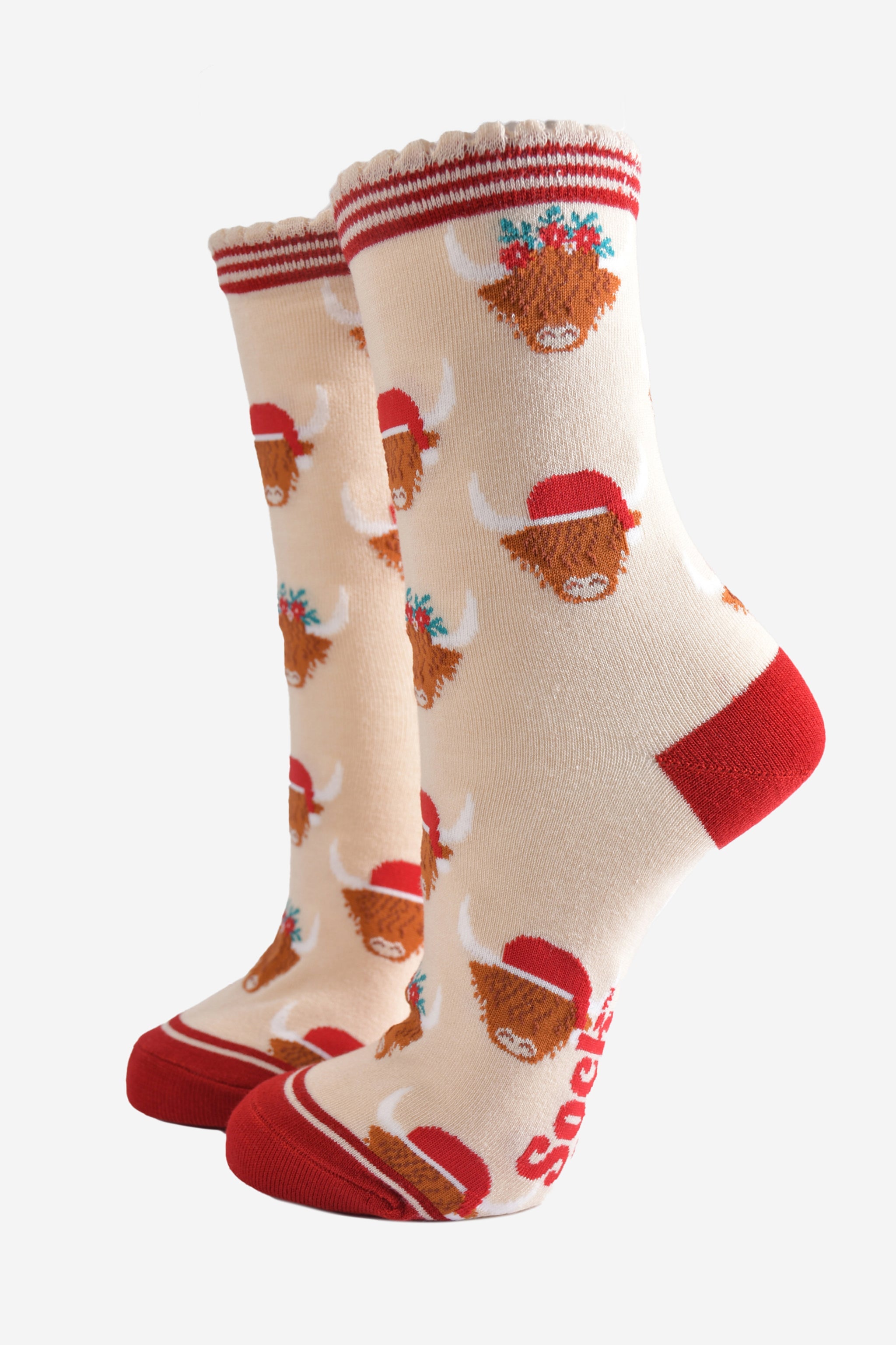 Red Highland Cow Christmas Bamboo Socks, Image 1 of 5