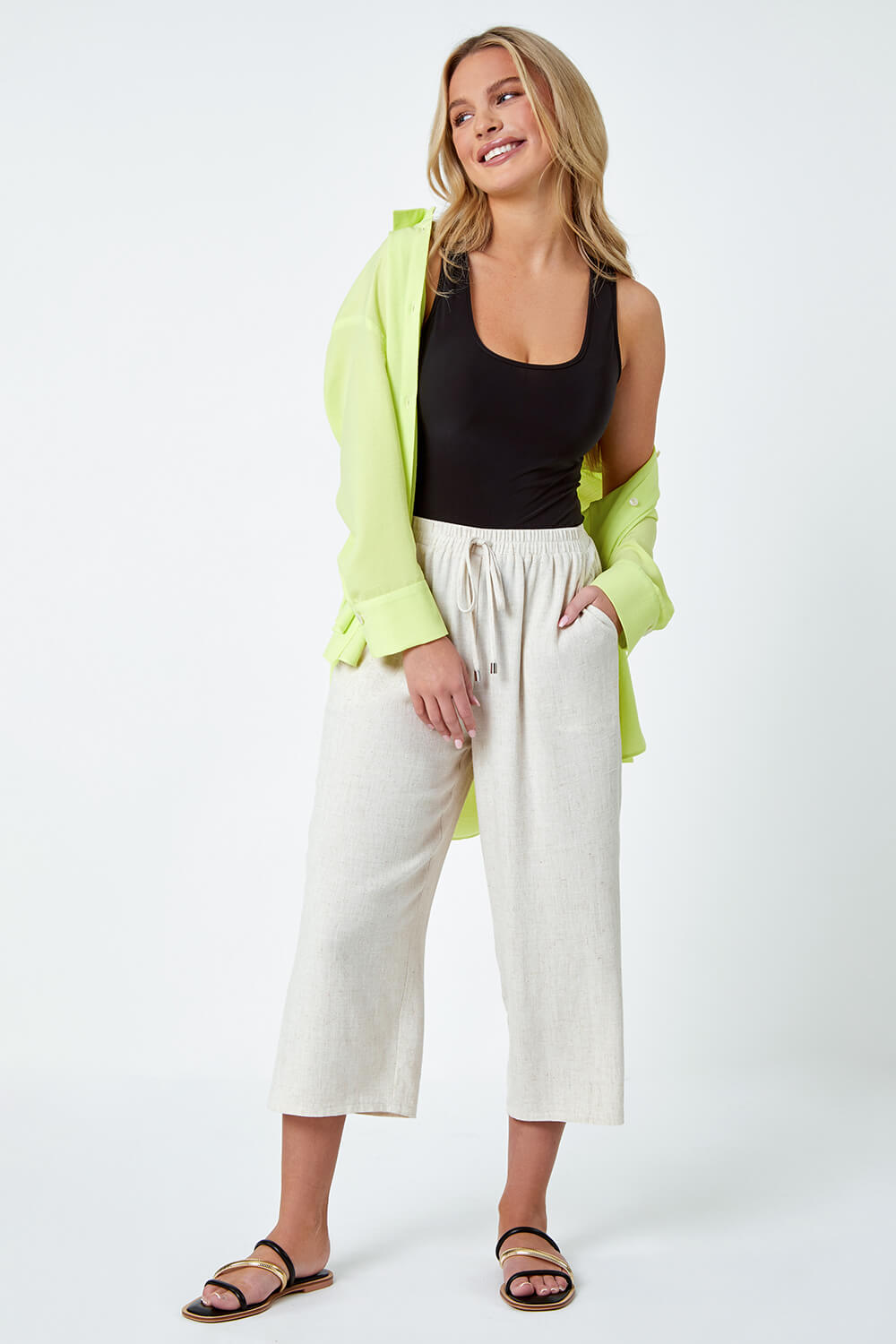 Roman Petite Women's Natural Linen Blend Wide Cropped Trousers Size 8