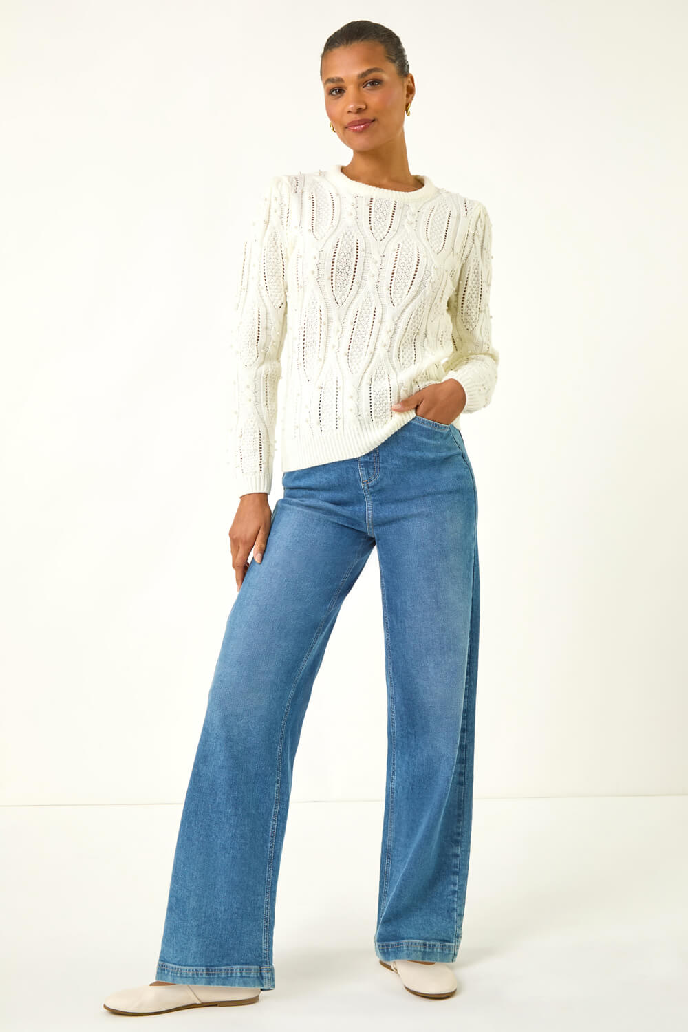 Ivory  Pearl Cable Knit Jumper, Image 3 of 5