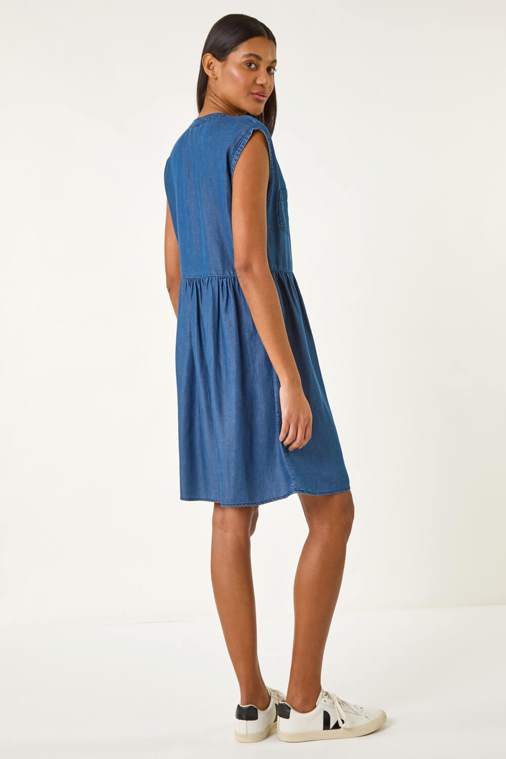 Denim Button Detail Gathered Dress, Image 4 of 5