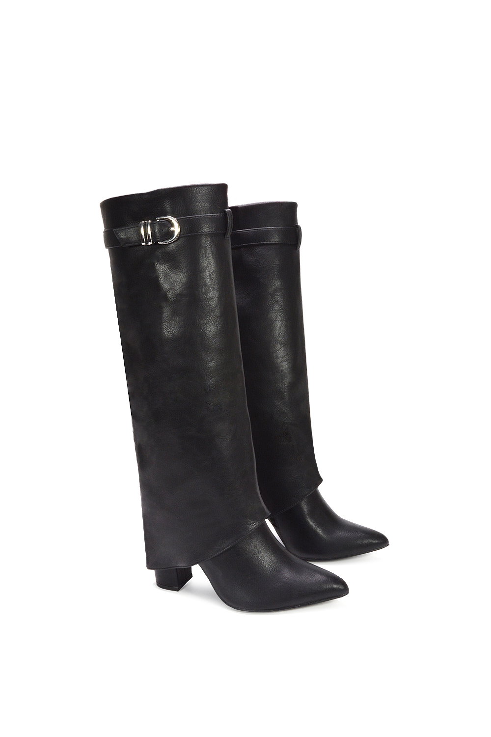 Black XY LONDON Black 'Aaliyah' Fold Over Boots Block Heel Buckle Point Toe, Image 6 of 7