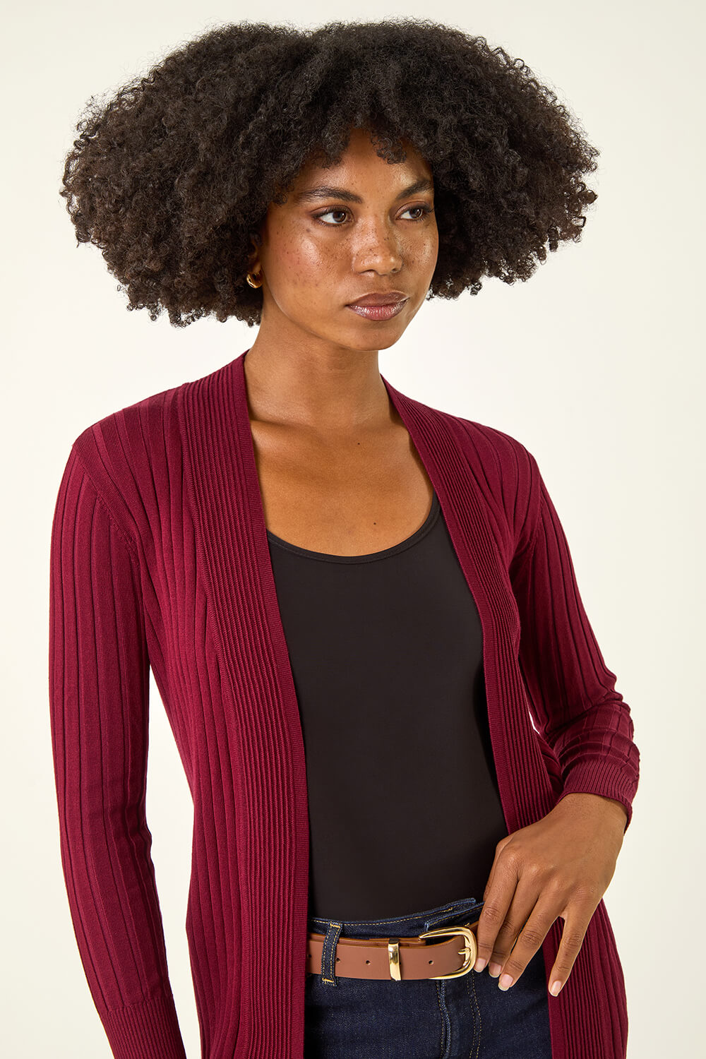 Wine Longline Stretch Ribbed Cardigan, Image 5 of 5