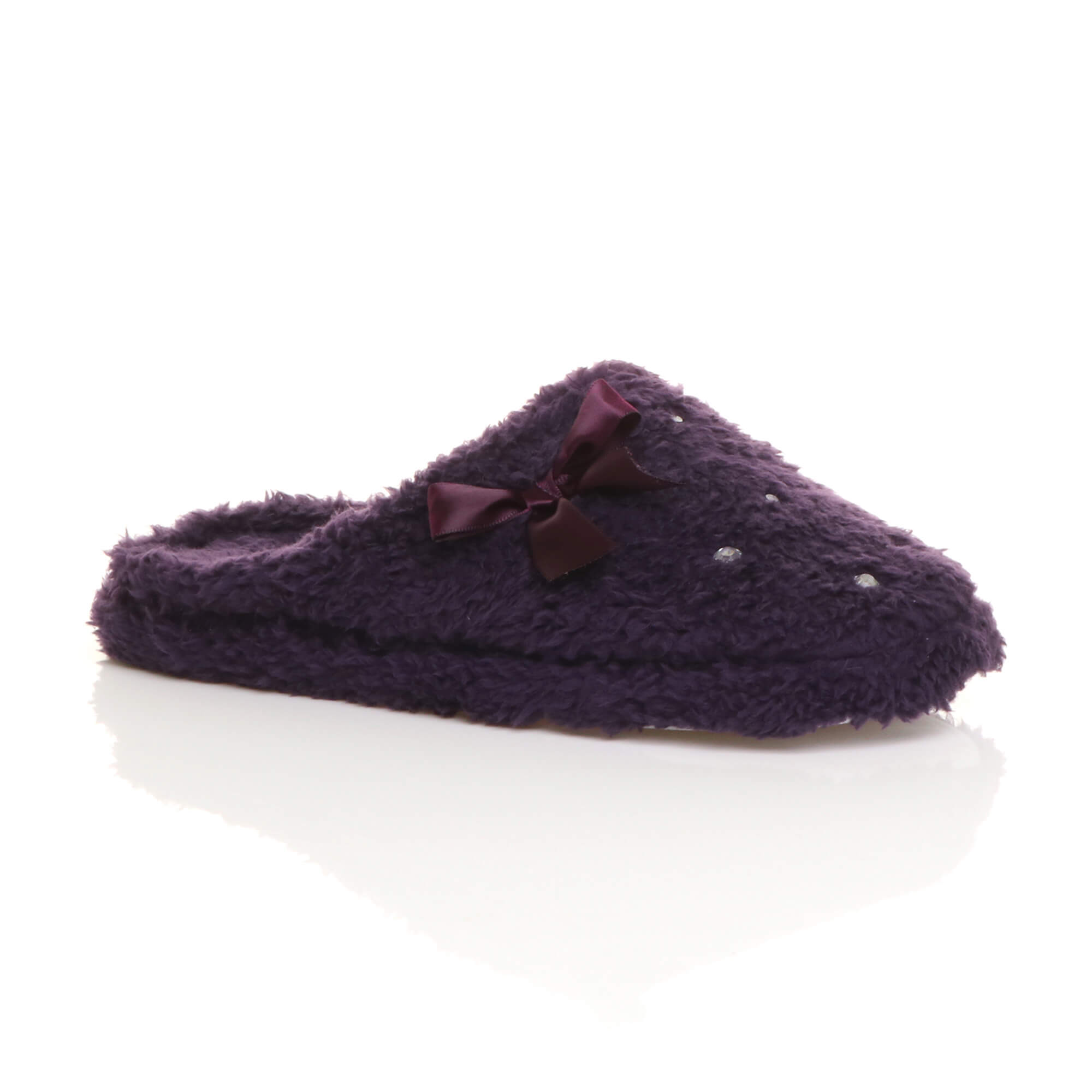 Purple Fleece Diamante Mules Slippers