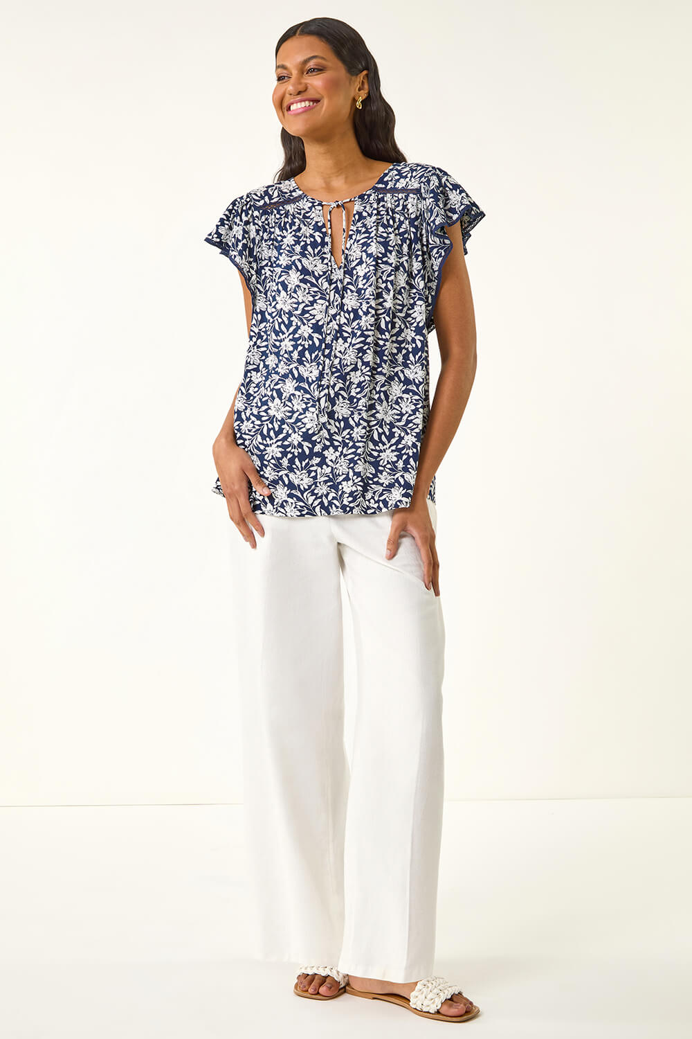 Roman Women's Navy Floral Print Frill Sleeve Tie Top Size 12