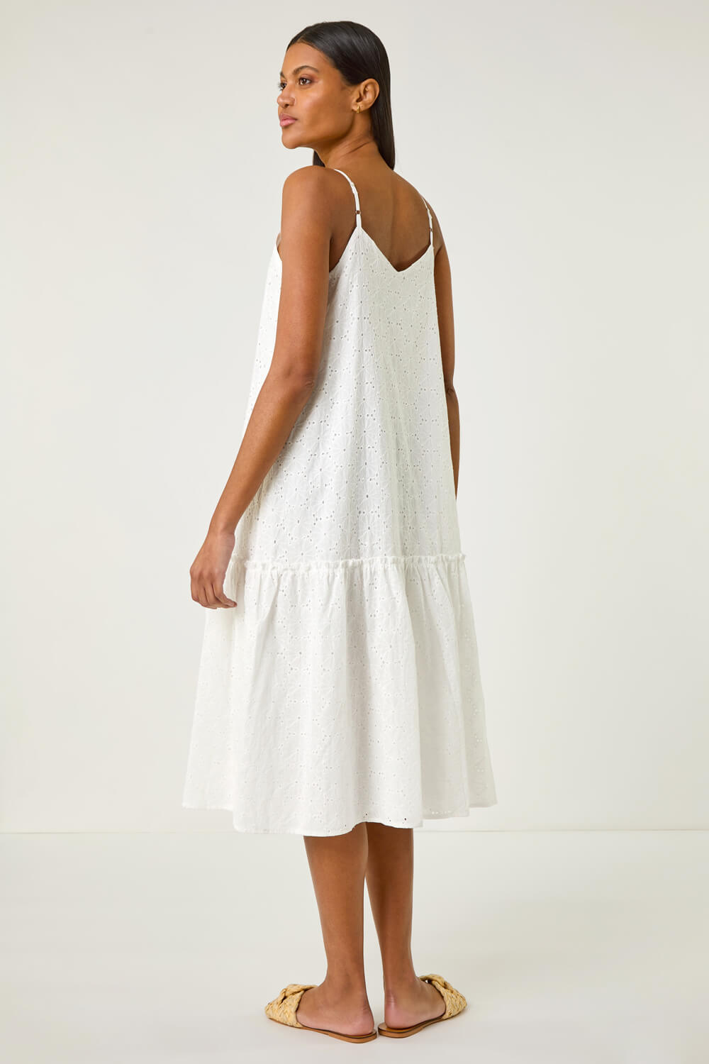 White Broderie Frill Tiered Midi Dress, Image 4 of 7
