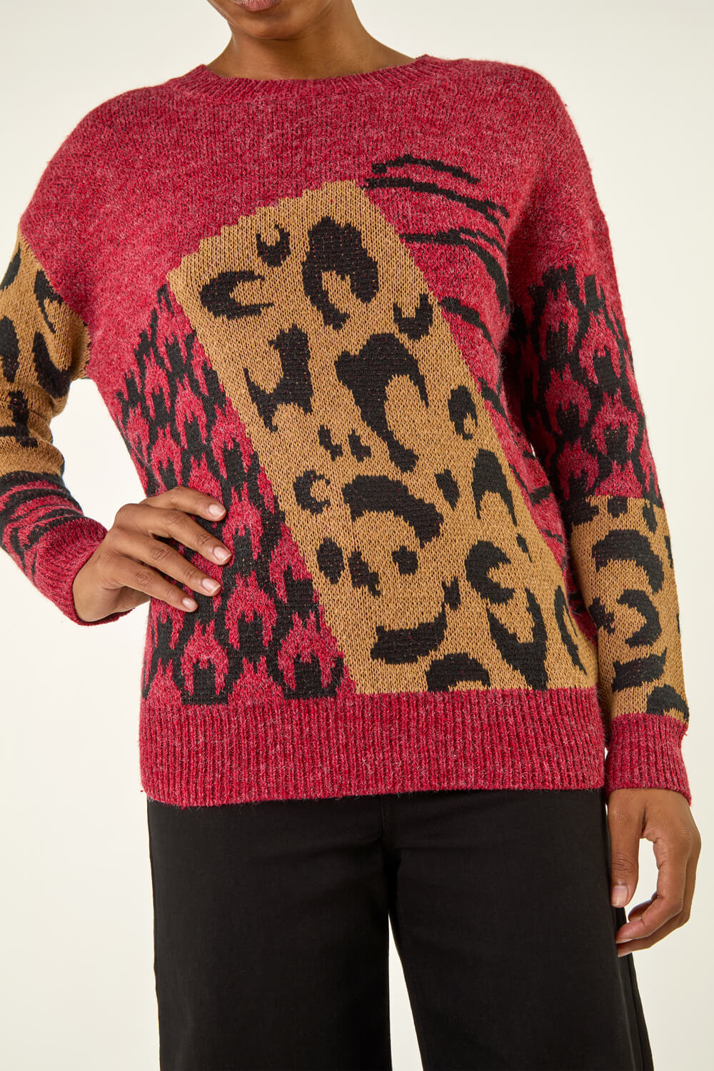 Maroon Colour Block Abstract Knit Jumper, Image 6 of 5