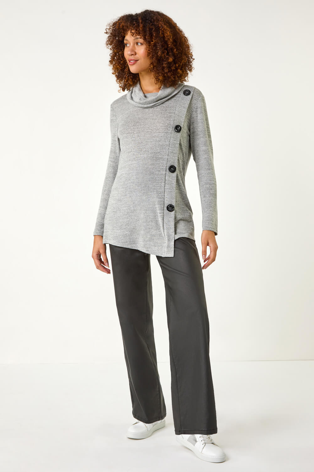 Grey Cowl Neck Button Stretch Top, Image 3 of 5