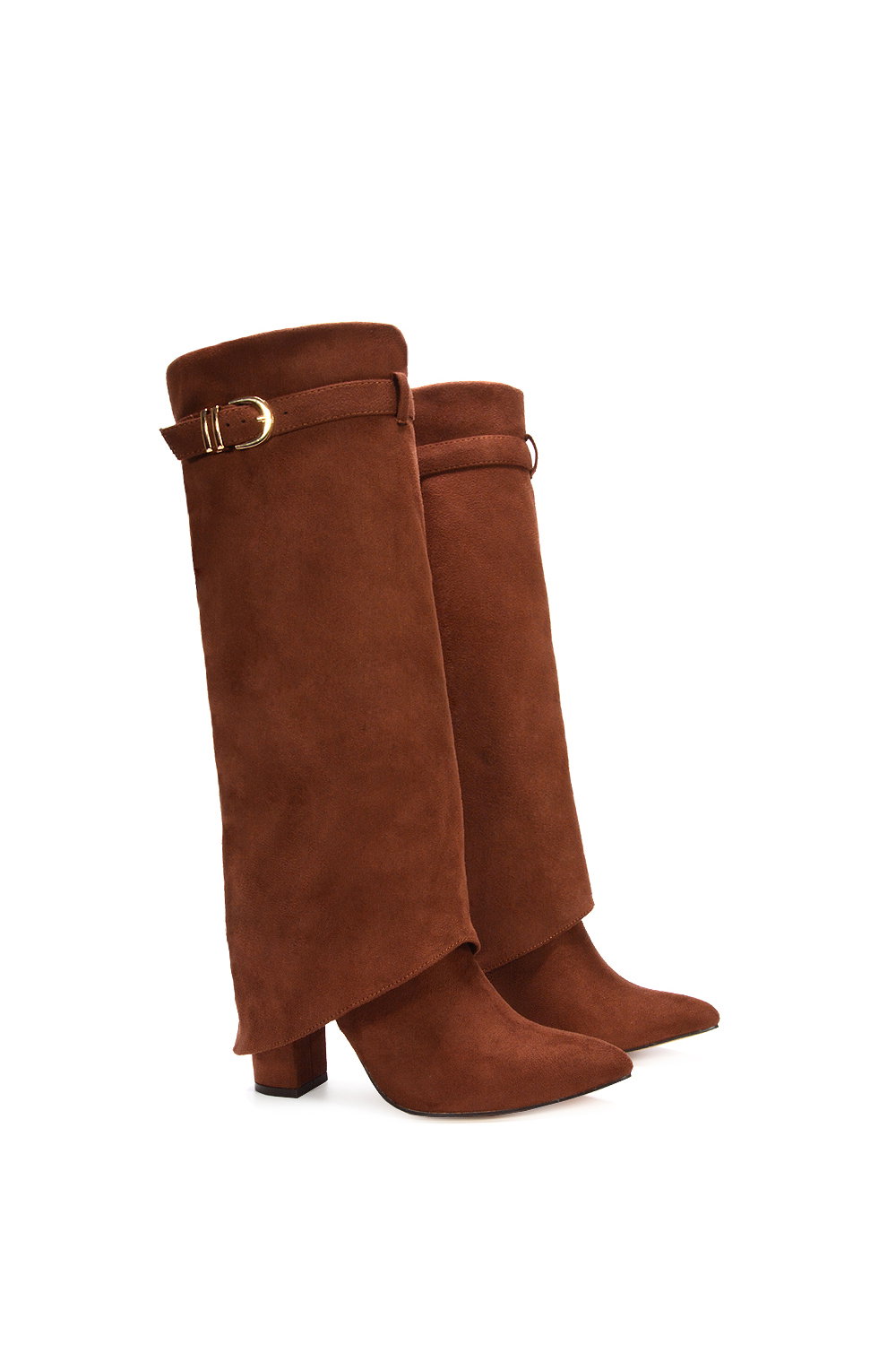 Brown XY LONDON Brown 'Aaliyah' Fold Over Boots Block Heel Buckle Point Toe, Image 5 of 6