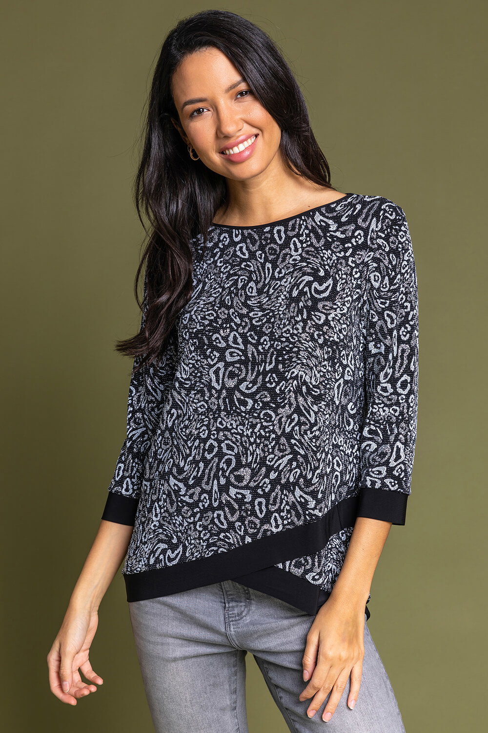 Silver Shimmer Animal Print Asymmetric Top, Image 1 of 4