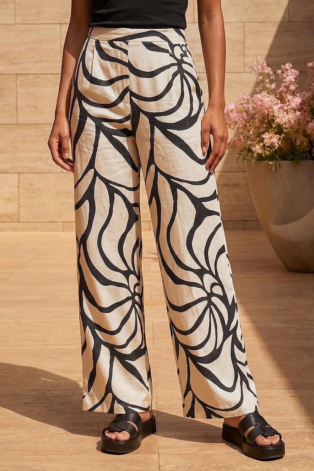 Black Mono Floral Palm Print Wide Leg Trouser, Image 3 of 4