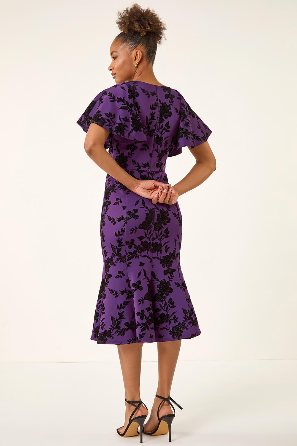 Purple Glitter Floral Flocked Flutter Dress, Image 5 of 6