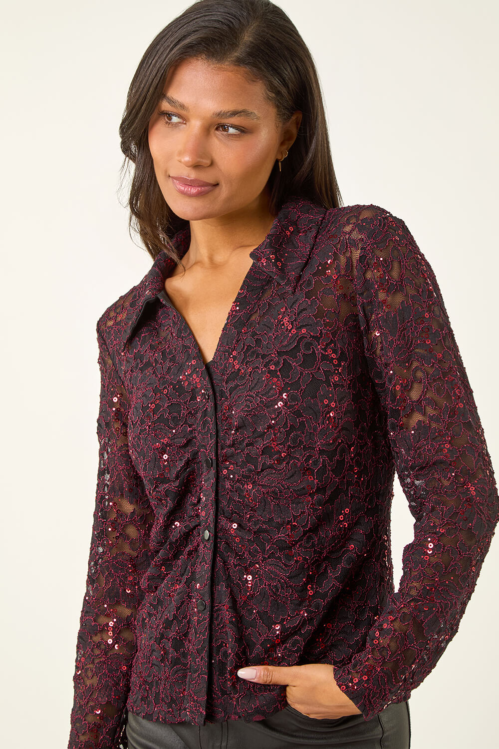 Wine Sparkly Lace Collared Blouse, Image 5 of 5