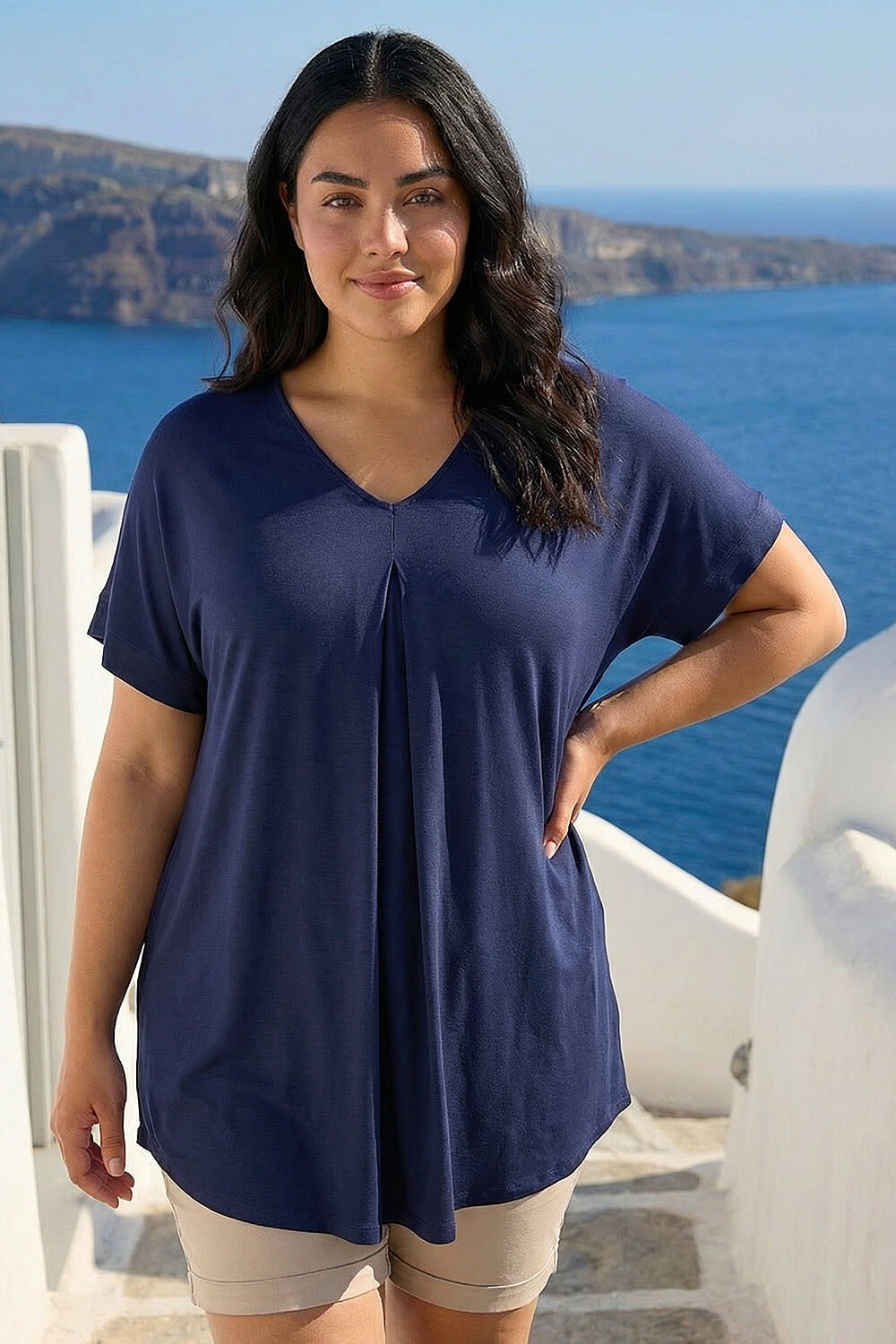 Navy  Curve Pleat Front V-Neck Stretch Top, Image 3 of 4