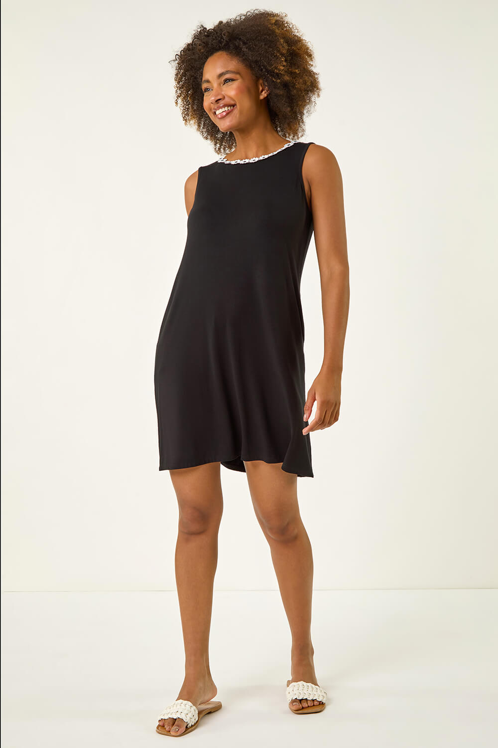 Black Floral Trim A-Line Stretch Dress, Image 1 of 5
