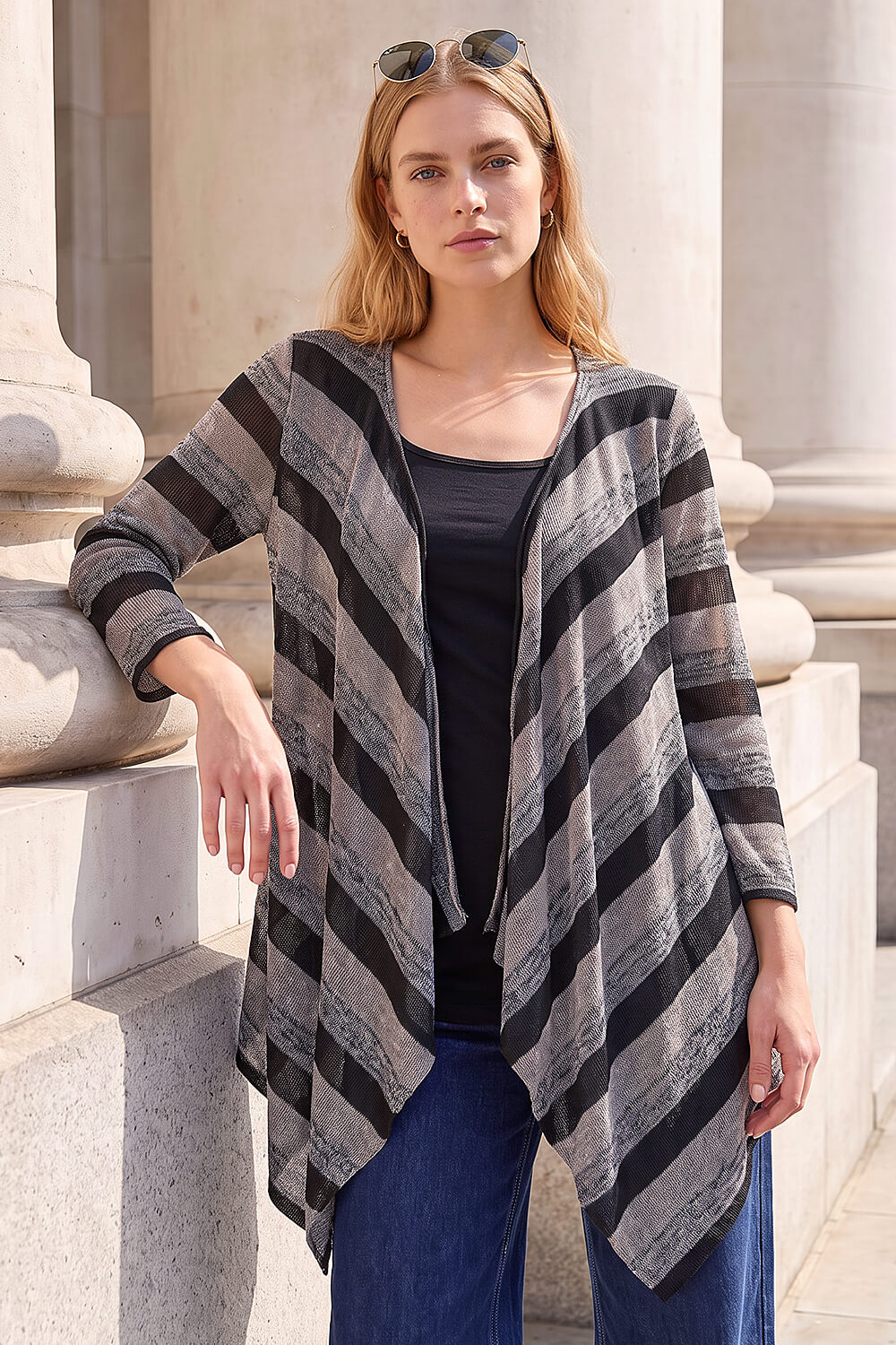Black Mock Layer Stripe Knit Cardigan, Image 1 of 4